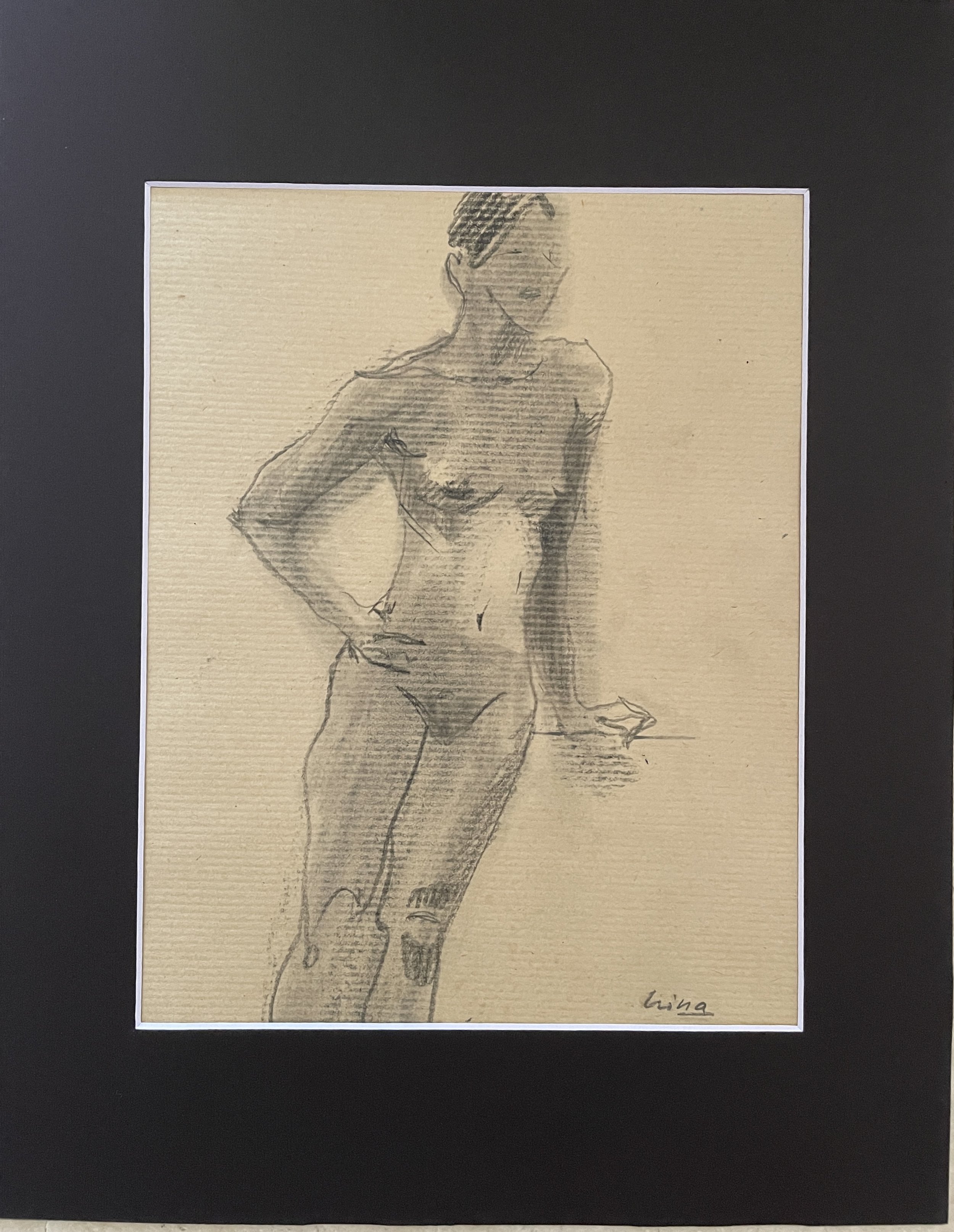 "Standing figure", 2025, charcoal and pencil on craft paper, black acid free paper mat, 14x11", SGD50