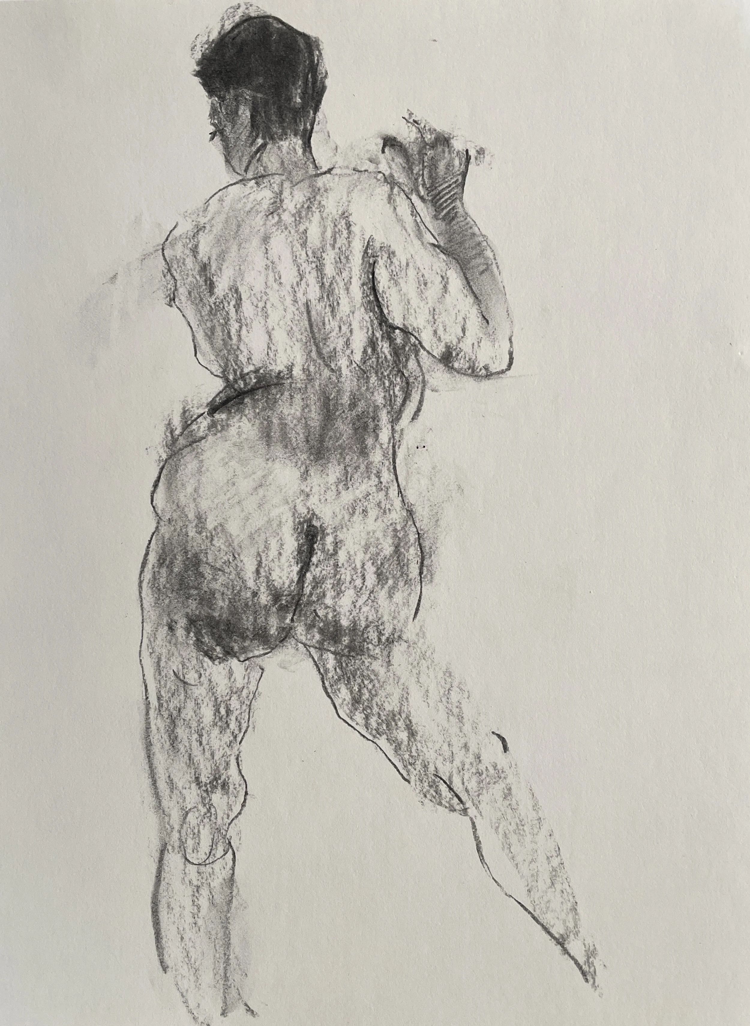 
Facing Away, 2026. Charcoal on Strathmore paper, 160 gsm, 30.5 x 22.9 cm, framed in white acid free paper mat 14x11', protective plastic sleeve, SGD 60