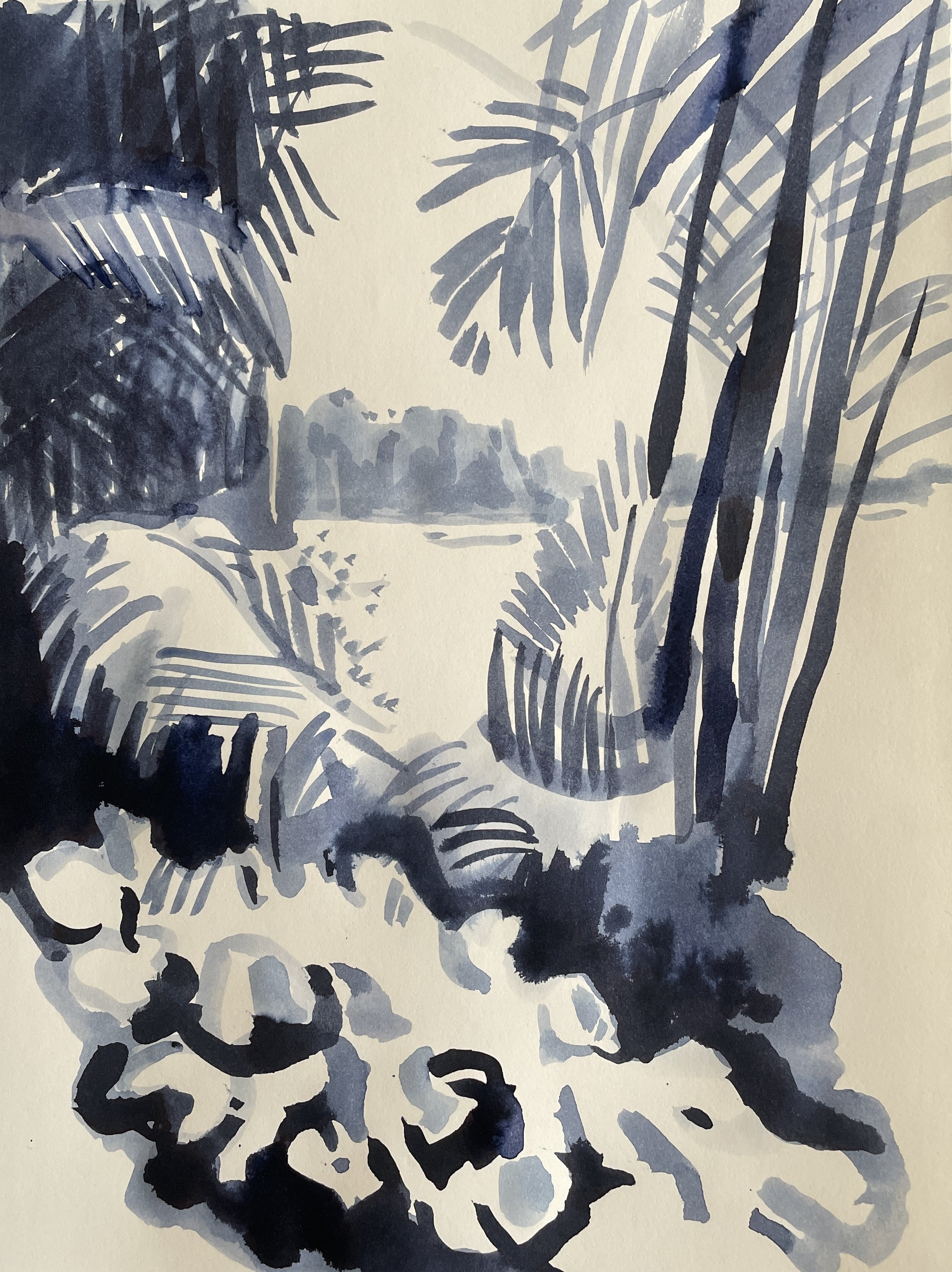 Symphony Lake, Botanic Gardens, 2026, ink on Strathmore paper, 160 gsm, 30.5x22.9 cm, framed in white acid free paper mat, 14x11", SGD 65