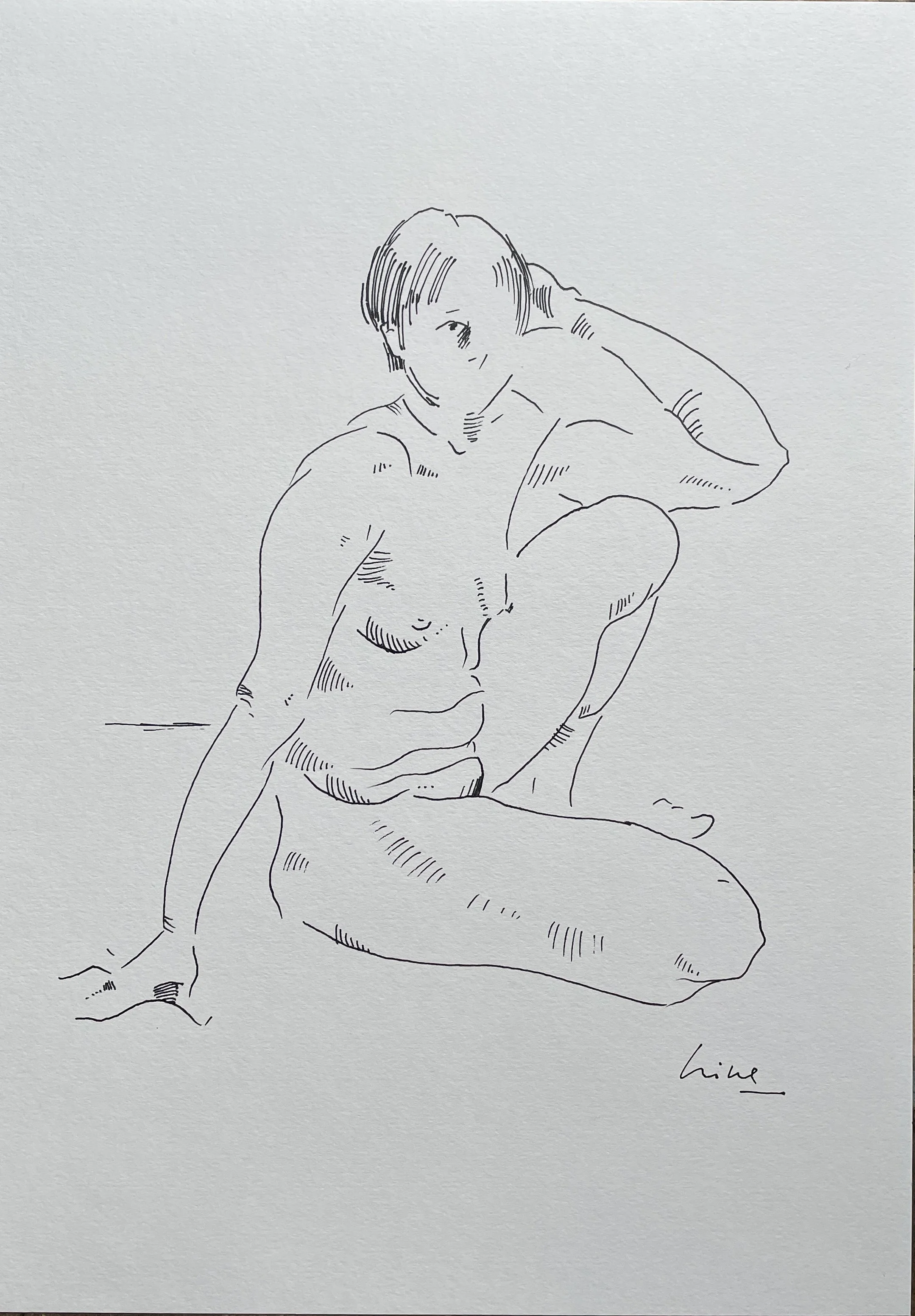 Sitting Nude, 2026. Ink gel pen on paper, 160 gsm, 29.6 x 20.9 cm, framed in white acid free paper mat with protective plastic sleeve, SGD 60