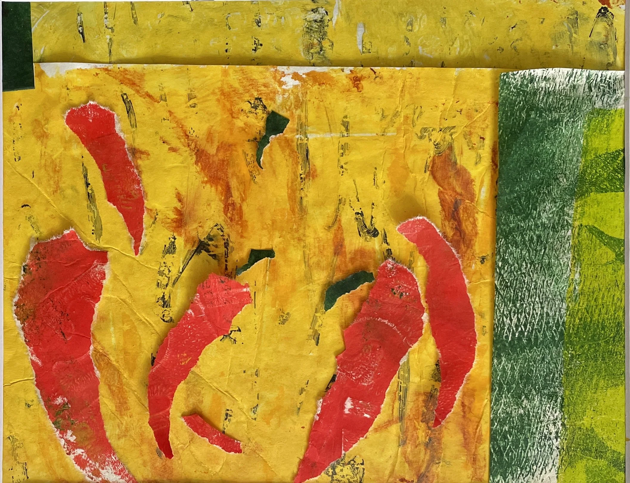 Chilli Peppers, 2026 Monotype and collage on Sthrathmore acid free cold press paper 160 gsm, framed in white acid free paper mat 11x14", plastic protective sleeve, SGD 250