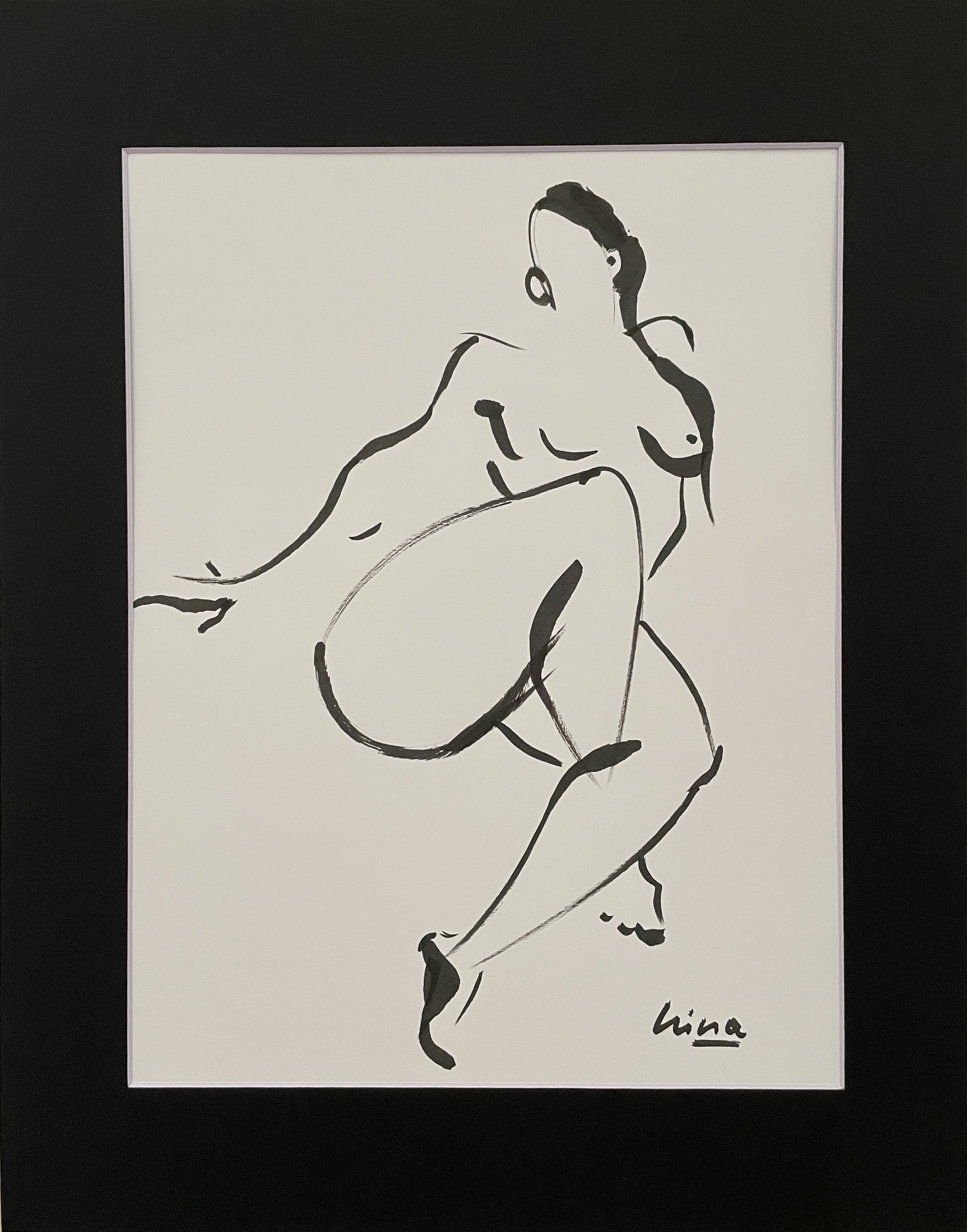 "Nude", 2025, ink on Reeves acid free 110 gsm paper, image size 10.5"x8", framed in black acid free paper mat 14"x11", protective plastic sleeve, SGD 50