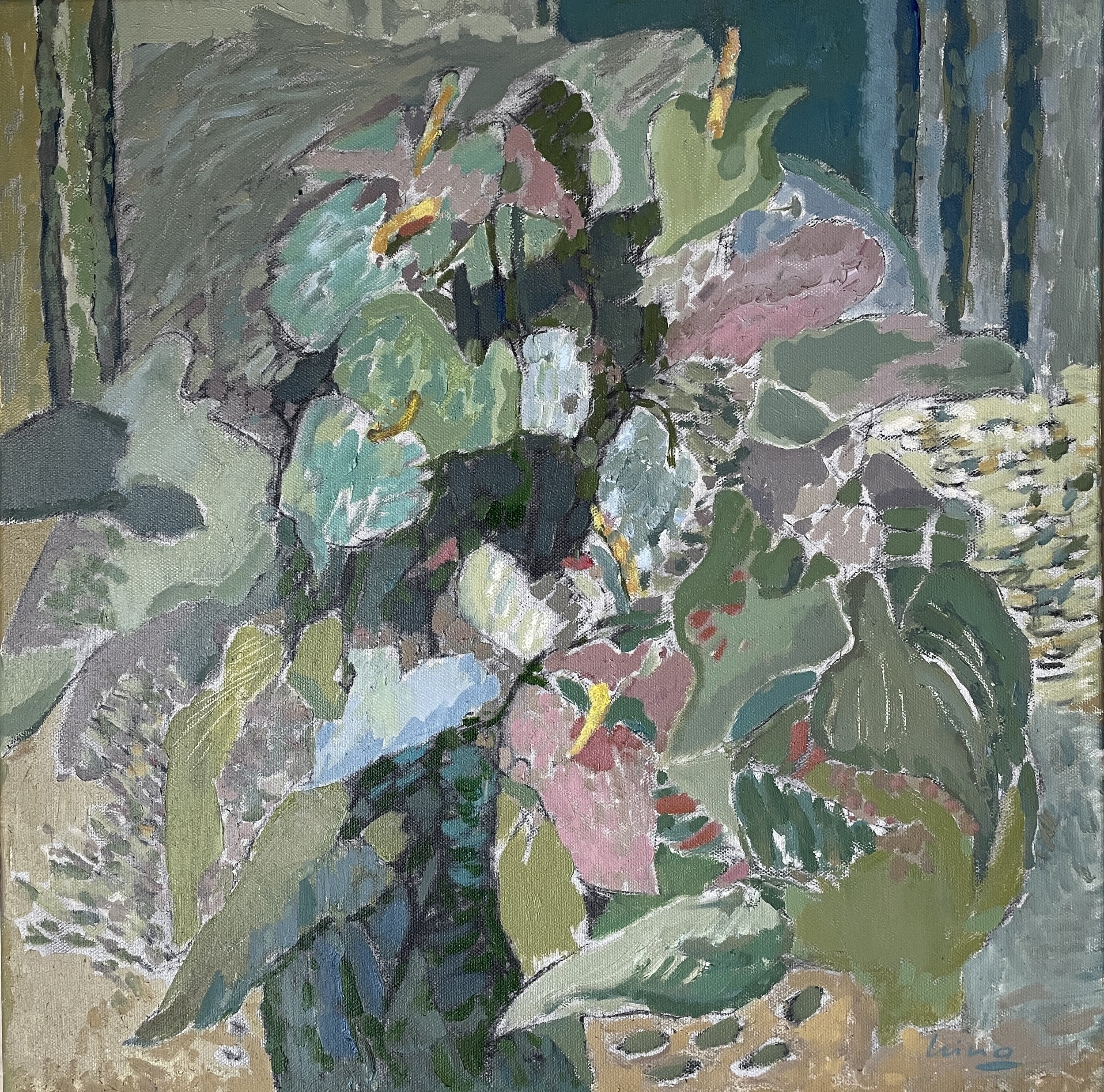 "Peace Lilies", 2026, charcoal and oil on canvas,  45x45 cm, unframed, SGD 2,600