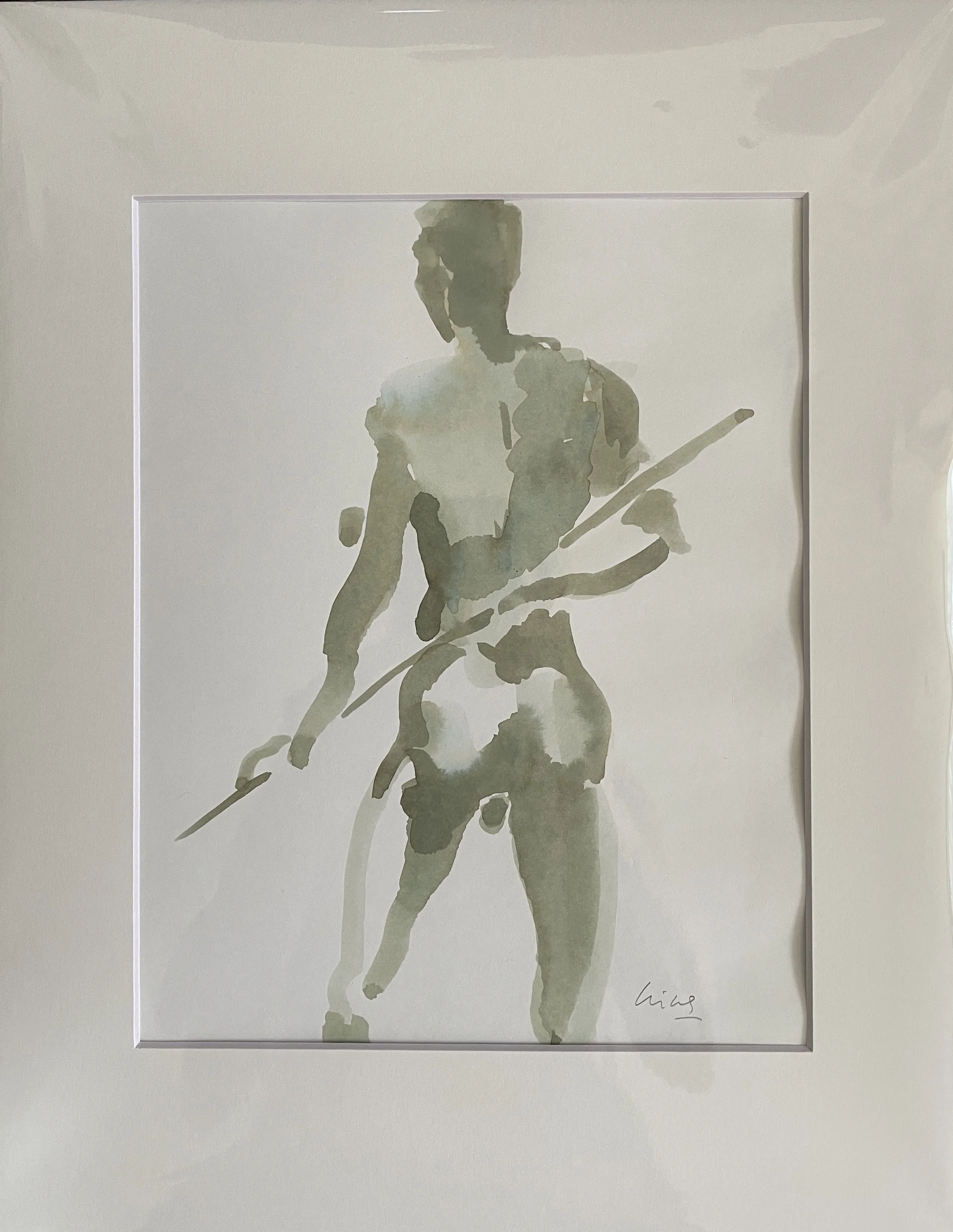 "Standing Male Nude", 2025, ink on acid free paper, 29.7x20.2 cm, framed in white acid free paper mat 14x11', opening size 9.5x7.5", protective plastic sleeve