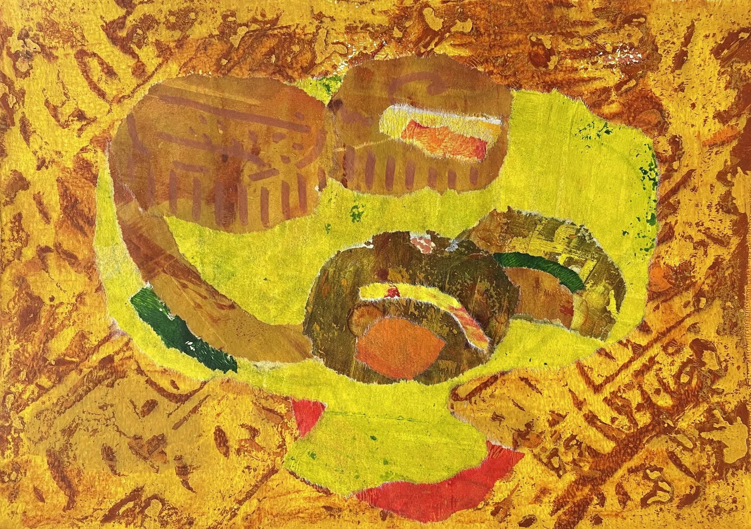 Mooncakes, 2026, monotype and collage on mixed media paper 250 gsm, 21x29.7 cm, framed in white acid free paper mat 11x14", plastic protective sleeve, SGD 250