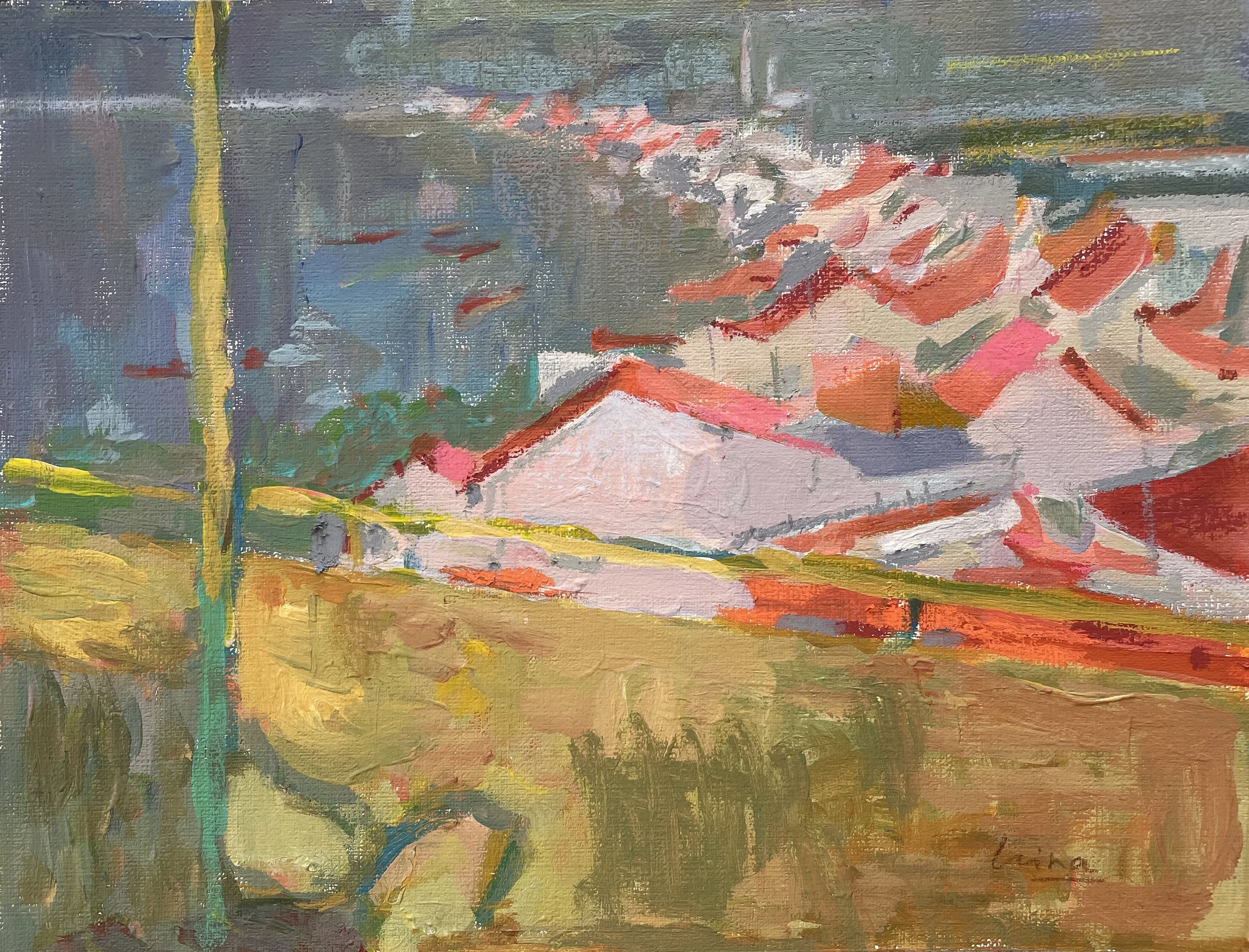 Rooftops of Southbridge, 2026. Mixed media on oil and acrylic paper, 22.7x29.5 cm, framed in white acid free paper mat 11x14'', SGD 350