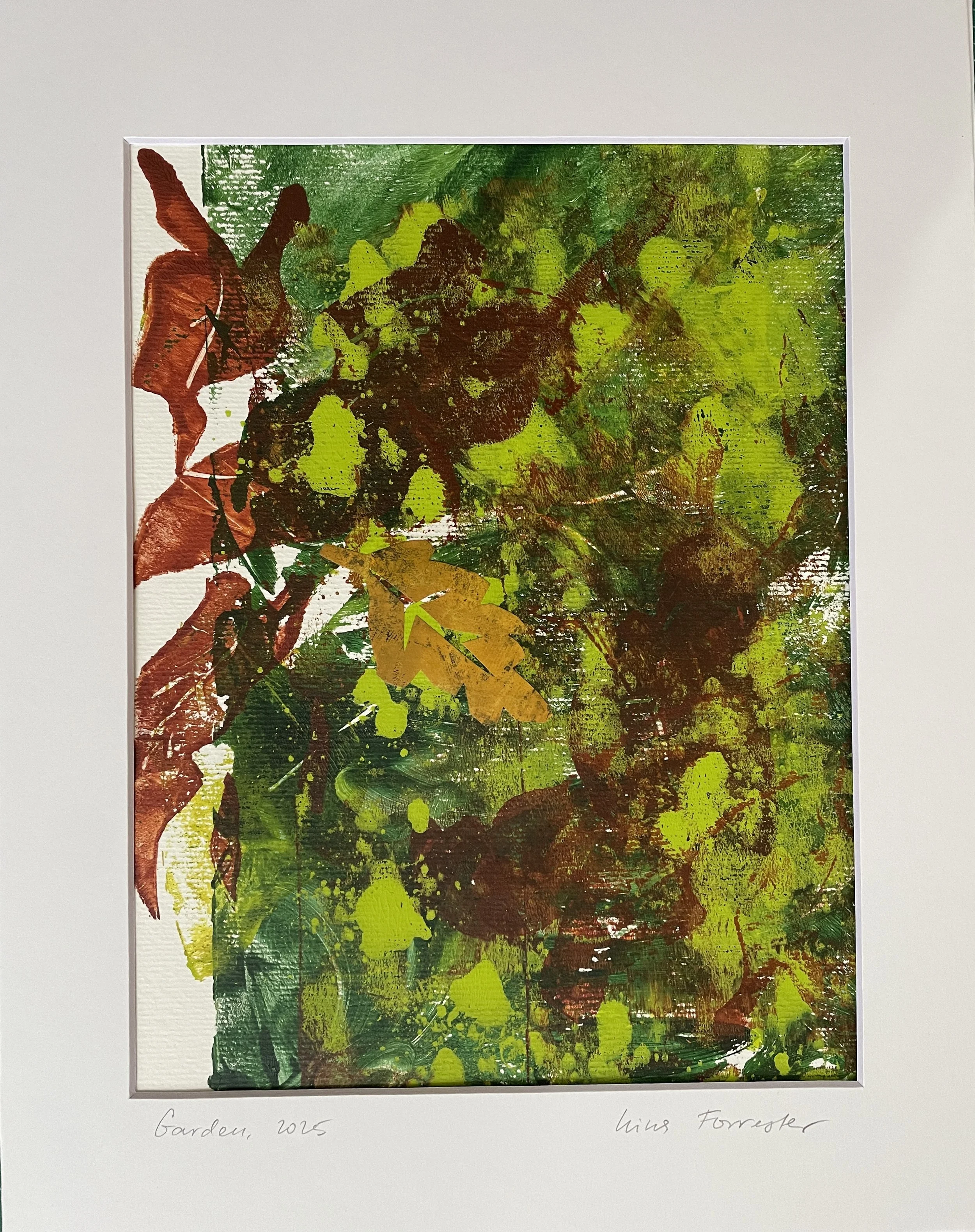 
"Garden", 2025, monotype and collage on Canson acid free 300 gsm mixed media paper, framed in a white acid free paper mat, 14x11", a protective plastic sleeve, SGD 125