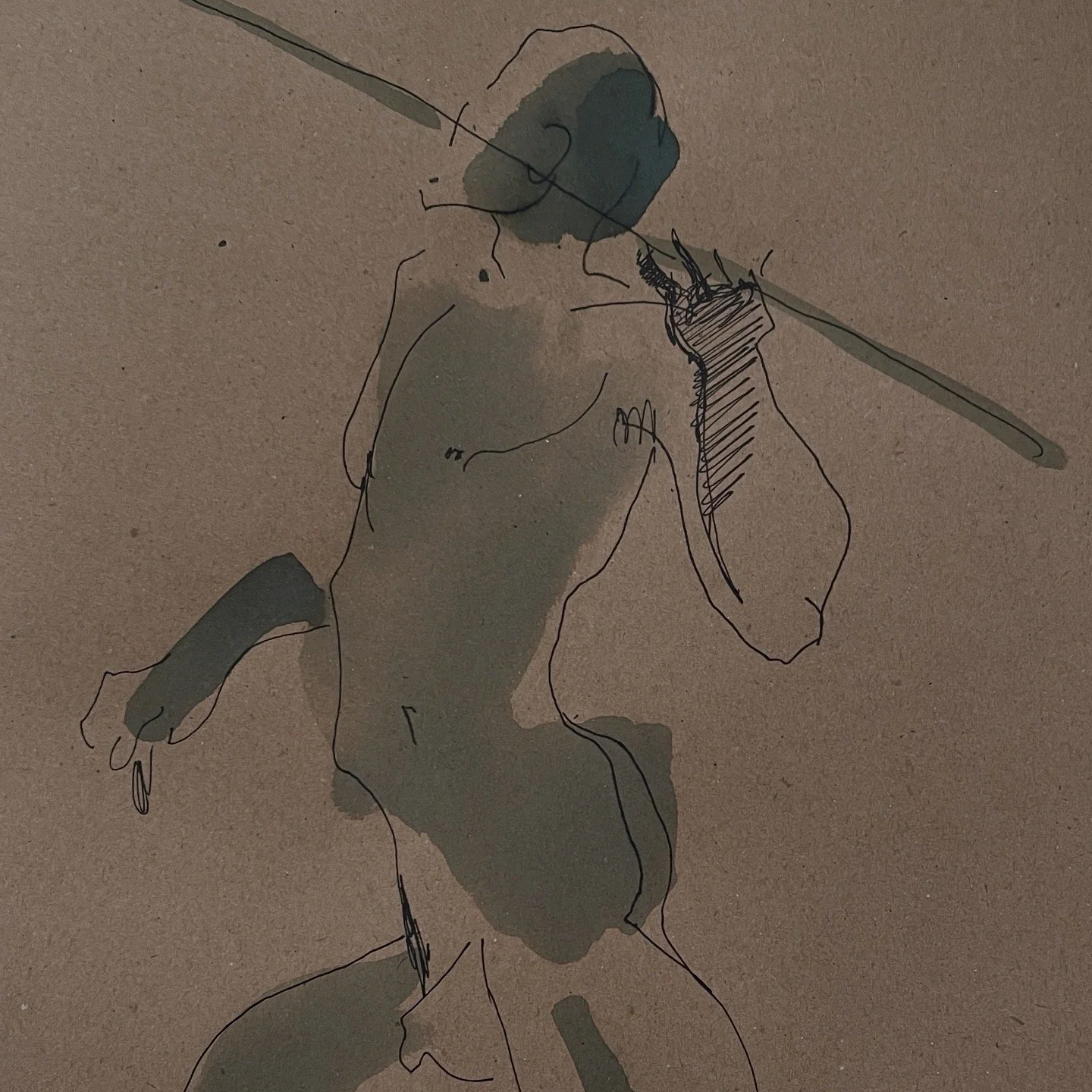 "Dynamic Male Pose II", 2026, ink and gel pen on Reeves craft paper, 110 gsm, acid free, 29.7x21.0 cm, framed in white acid free paper mat 14 x11", protective plastic sleeve, SGD 60