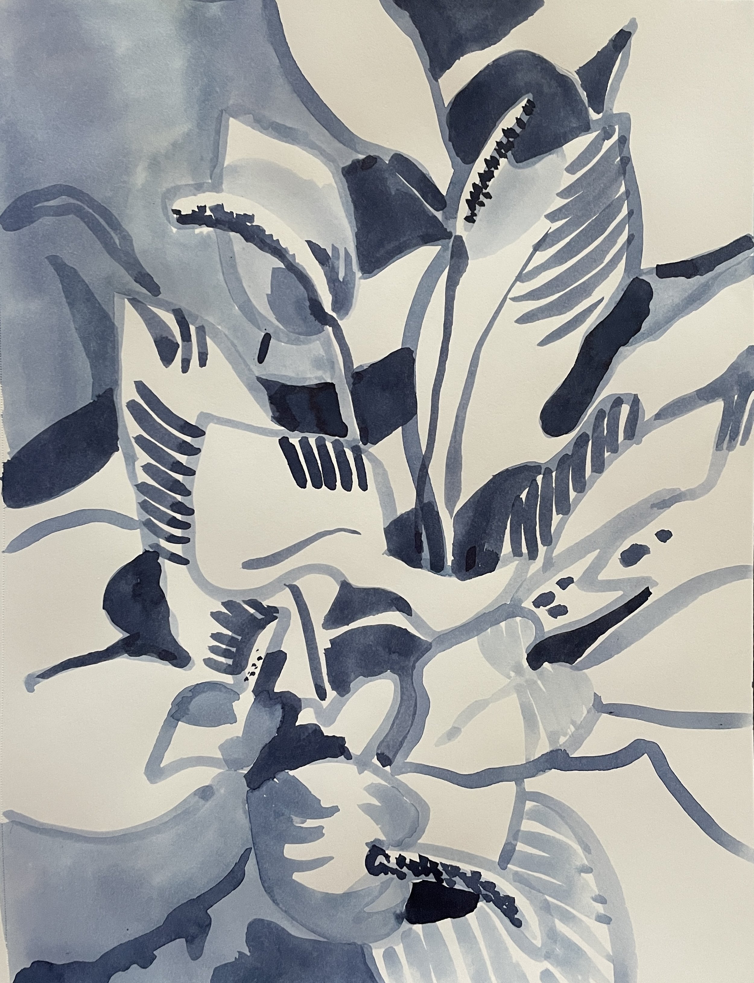 Peace Lilies I, 2026, ink on Strathmore paper, 160 gsm, 30.5x22.9 cm, framed in white acid free paper mat, 14x11", SGD 65