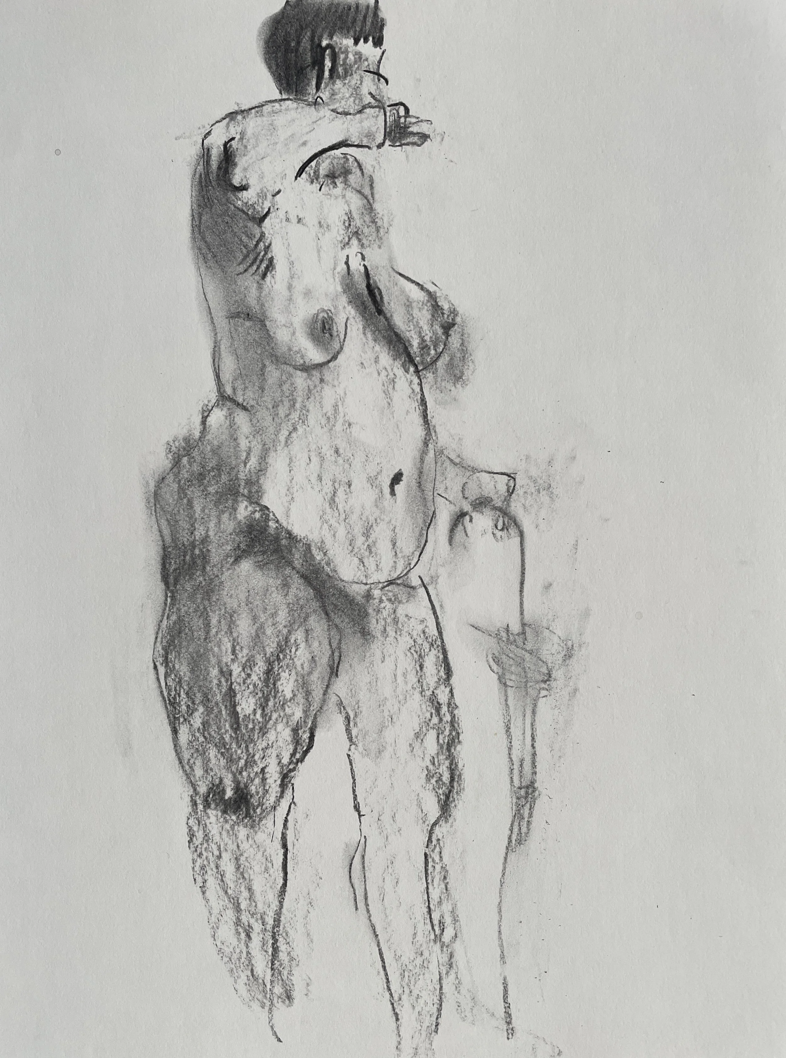 Nude With Umbrella, 2026. Charcoal on Strathmore paper, 160 gsm, 30.5x22.9 cm, framed in white acid free paper mat, SGD 60