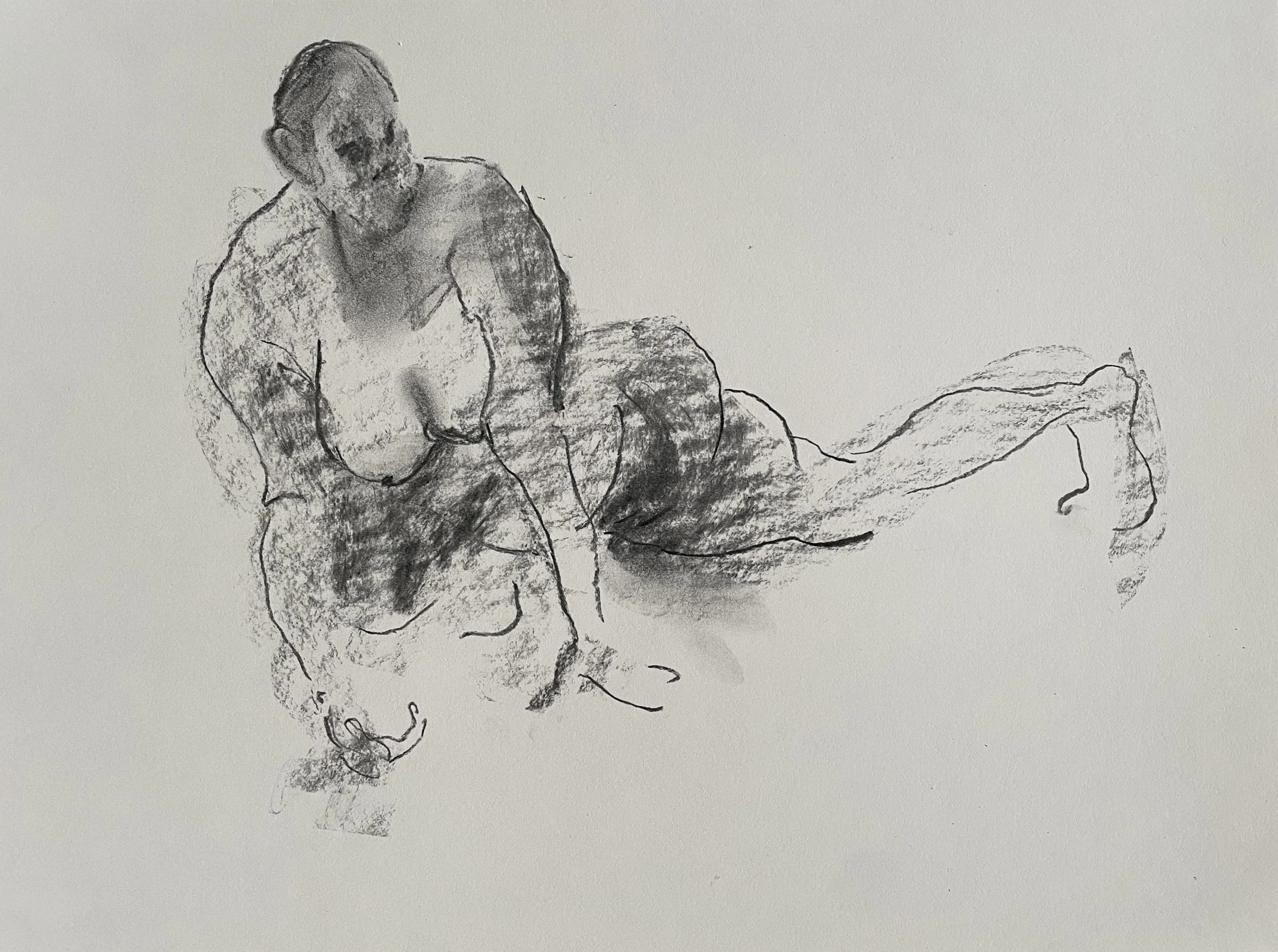 Kneeling Nude, 2026. Charcoal on Strathmore paper, 160 gsm, 22.9x30.5 cm, framed in white acid free paper mat 11x14', protective plastic sleeve, SGD 60