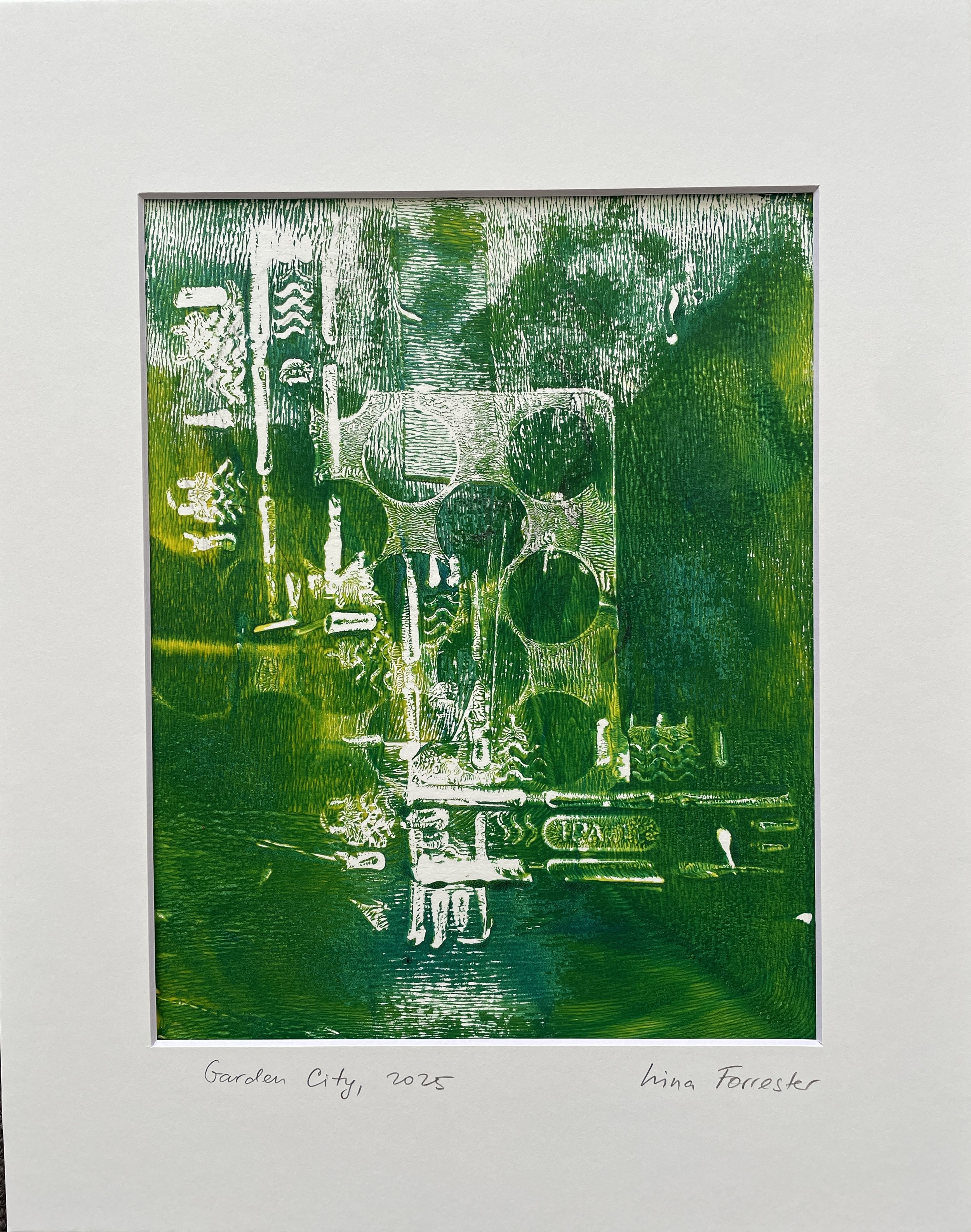 "Garden City", 2025. Monotype and pencil on Fabriano paper 300 g/sm, image 10x8", framed in acid free mat 14x11", plastic sleeve provided, SGD100