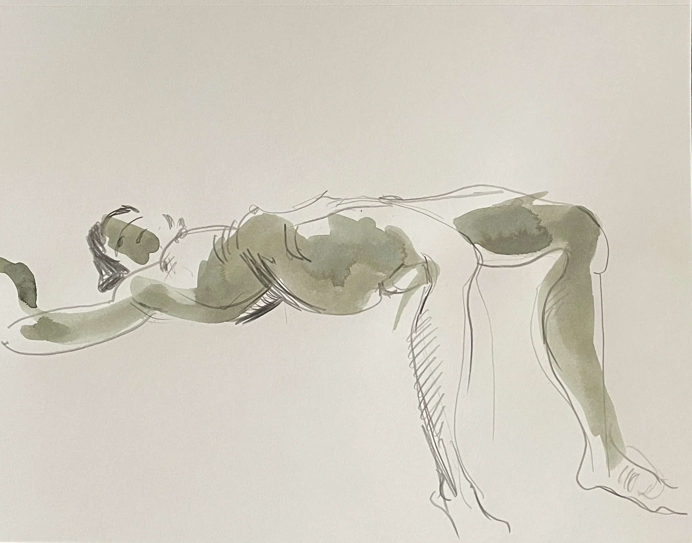 "Arching Figure", 2026, ink and pencil on Strathmore acid free 160 gsm paper, framed in a white paper mat 11x14", protective plastic sleeve