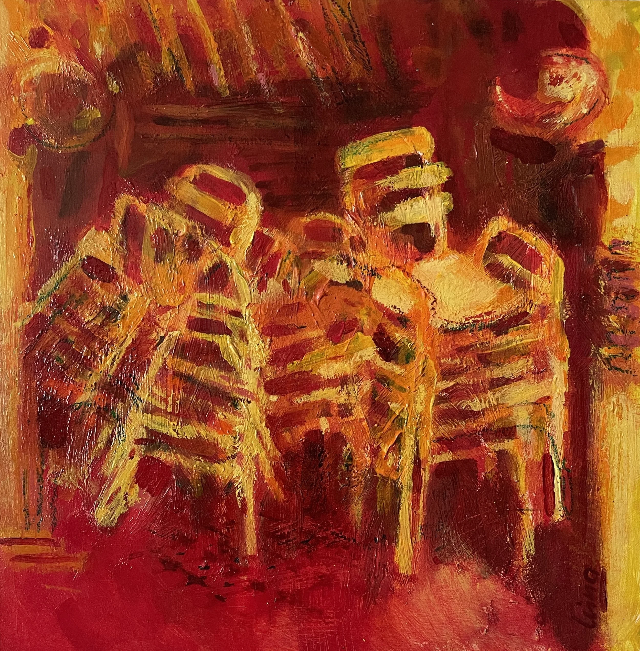 Chairs, Haji Lane, 2024. Mixed media on wood, 30x30cm, unframed.