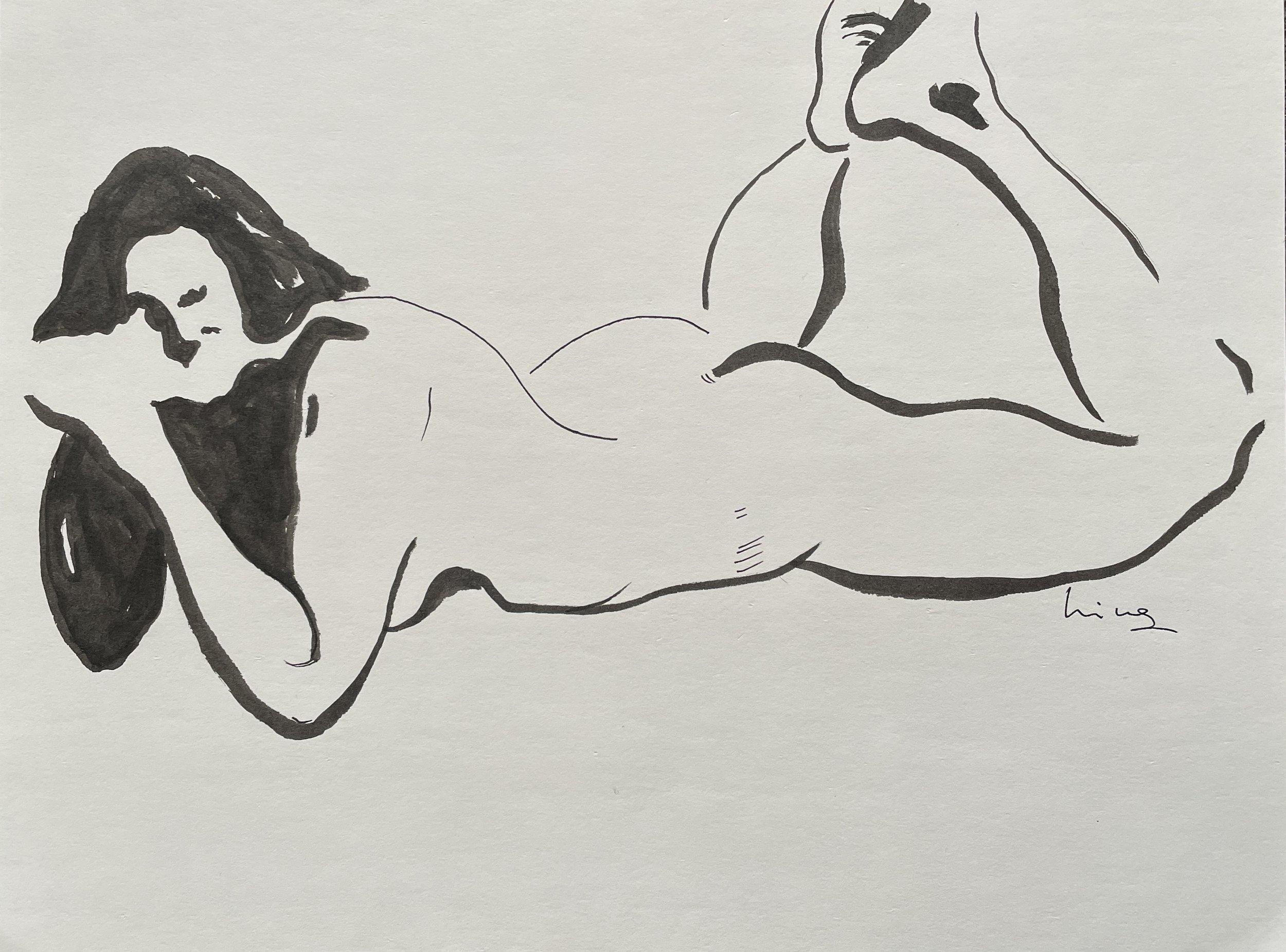 Nude, 2026. Ink brush pen on Strathmore paper, 160 gsm, 22.9 x 30.5 cm, framed in white acid free paper mat with protective plastic sleeve, SGD 60