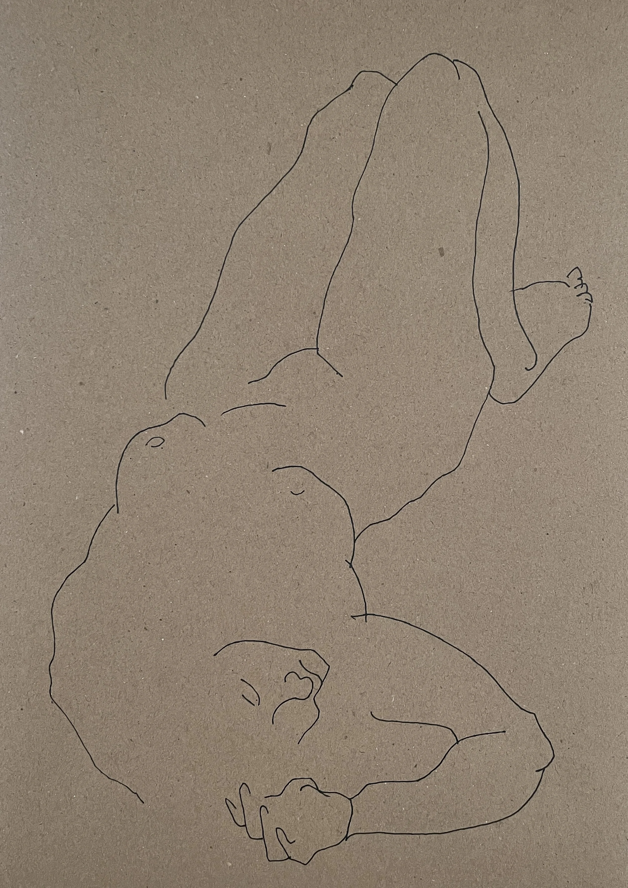 "Lying Female II", 2026, gel pen on Reeves craft paper, 110 gsm, acid free, 29.7x21.0 cm, framed in white acid free paper mat 14 x11", protective plastic sleeve, SGD 60