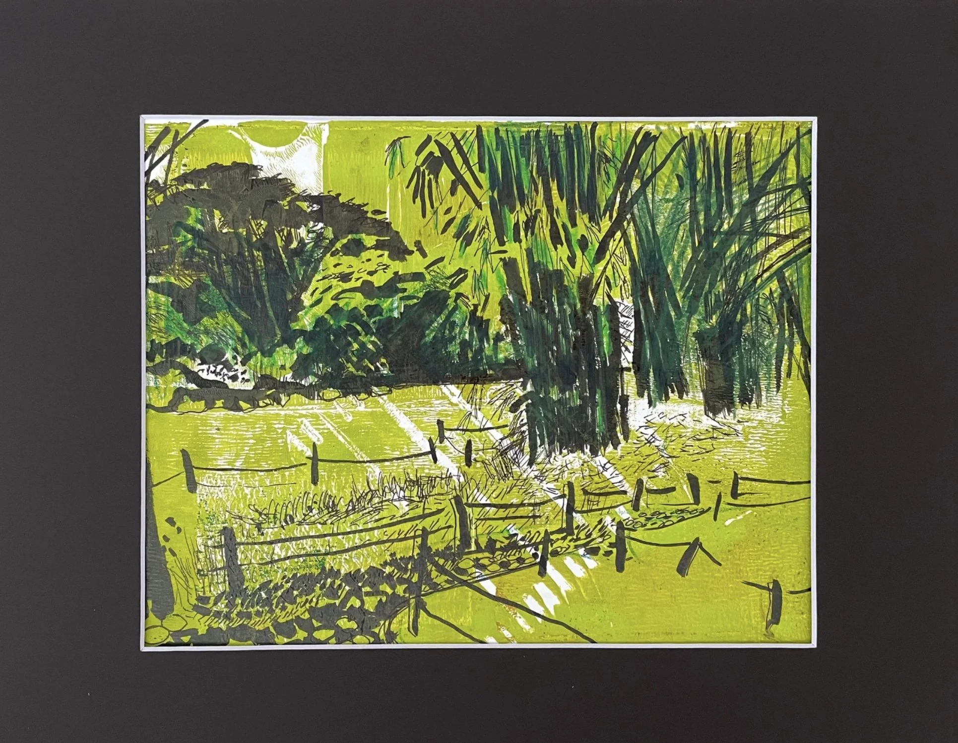 Botanic Gardens, 2025, mixed media on paper, 8x10", framed in acid free black paper mat 11x14", protective plastic sleeve