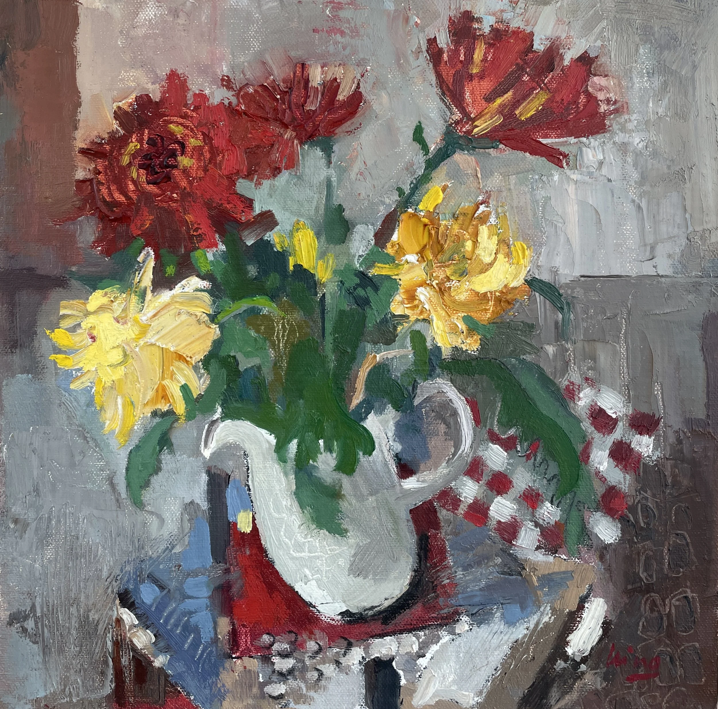 Still Life with Chrysanthemum, 2024, oil on canvas panel, 32x32 cm, framed, SGD 1,200