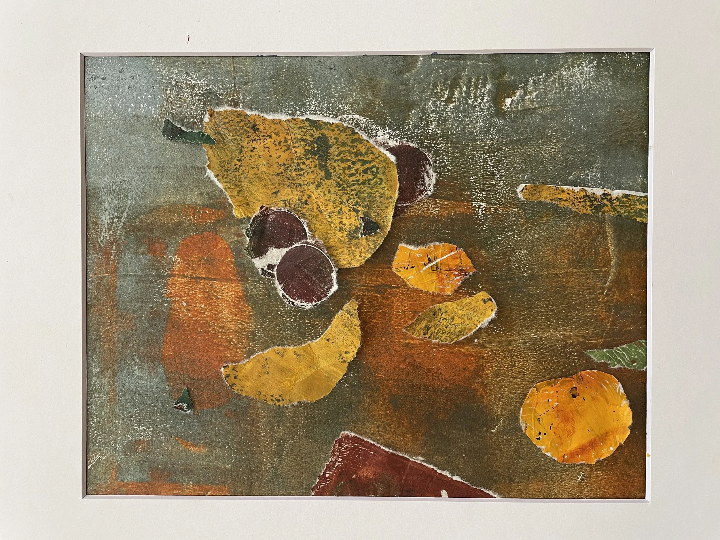 Scattered Fruit, 2026, Monotype and collage on Fabriano acid free cold press paper 300 gsm, framed in white acid free paper mat 11x14", plastic protective sleeve, SGD 250
