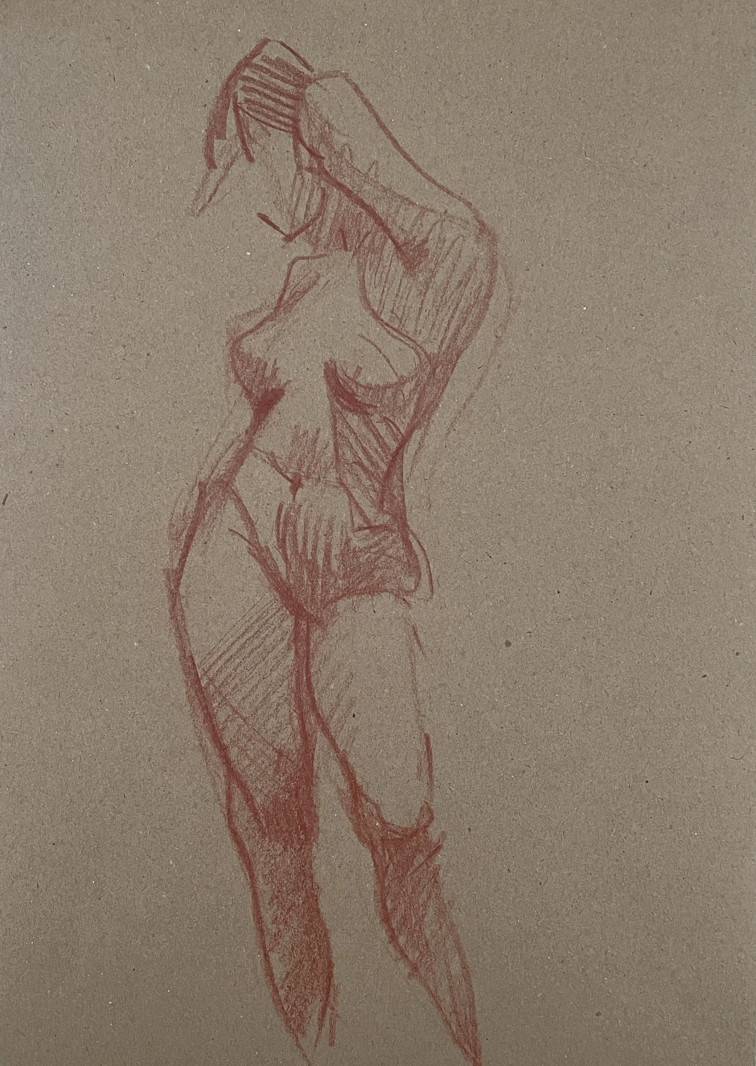 "Standing Nude', 2026, sanguine on Reeves kraft paper, 100 gsm, acid free, 29.7x21 cm, framed in white acid free paper mat 14x11", opening 9.5x7.5", protective plastic sleeve