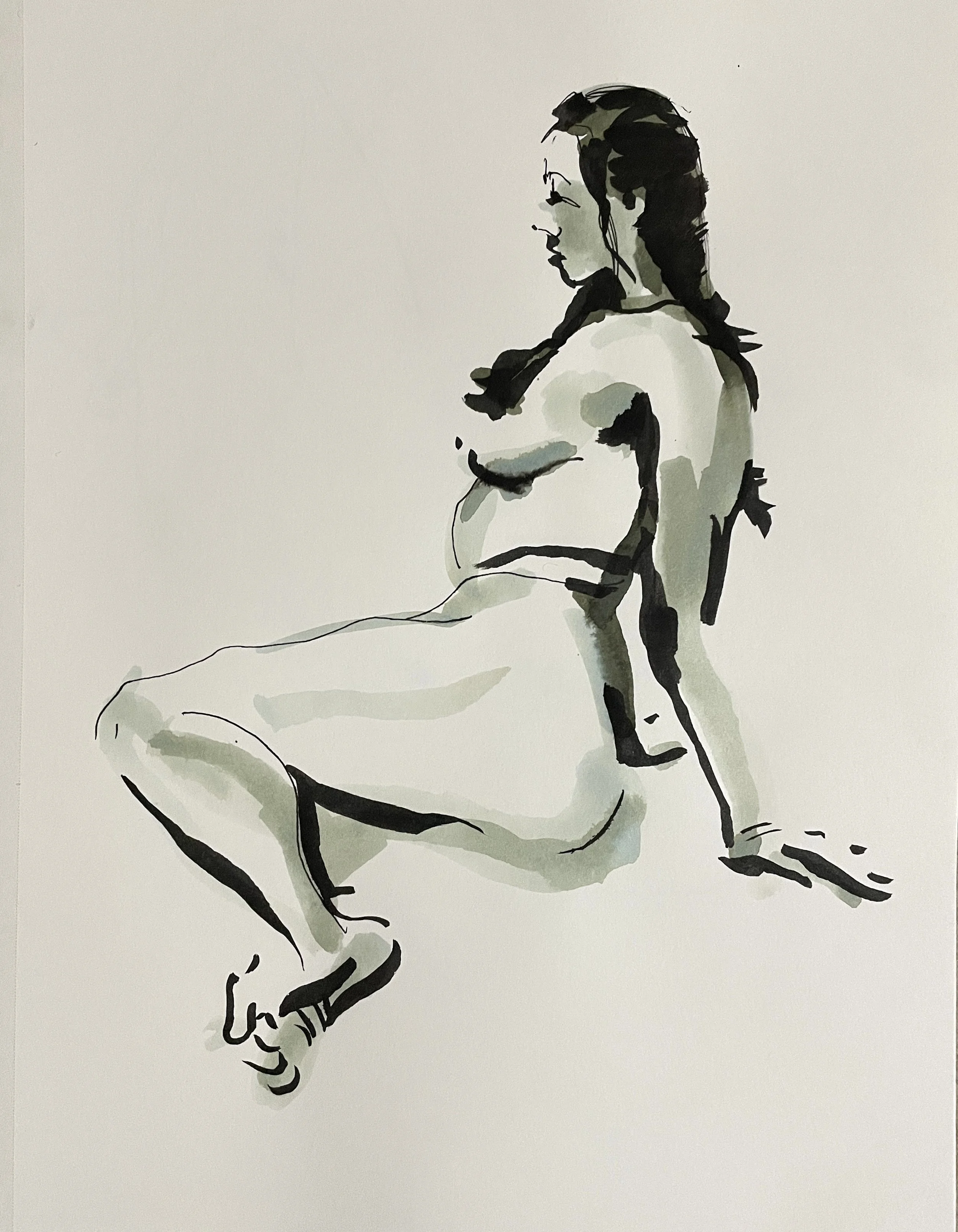 "Sitting Nude", 2026, ink on Strathmore paper, 160 gsm, 30.5 x 22.9 cm, framed in a whtie acid free paper mat, 14x11', protective plastic sleeve, SGD 50