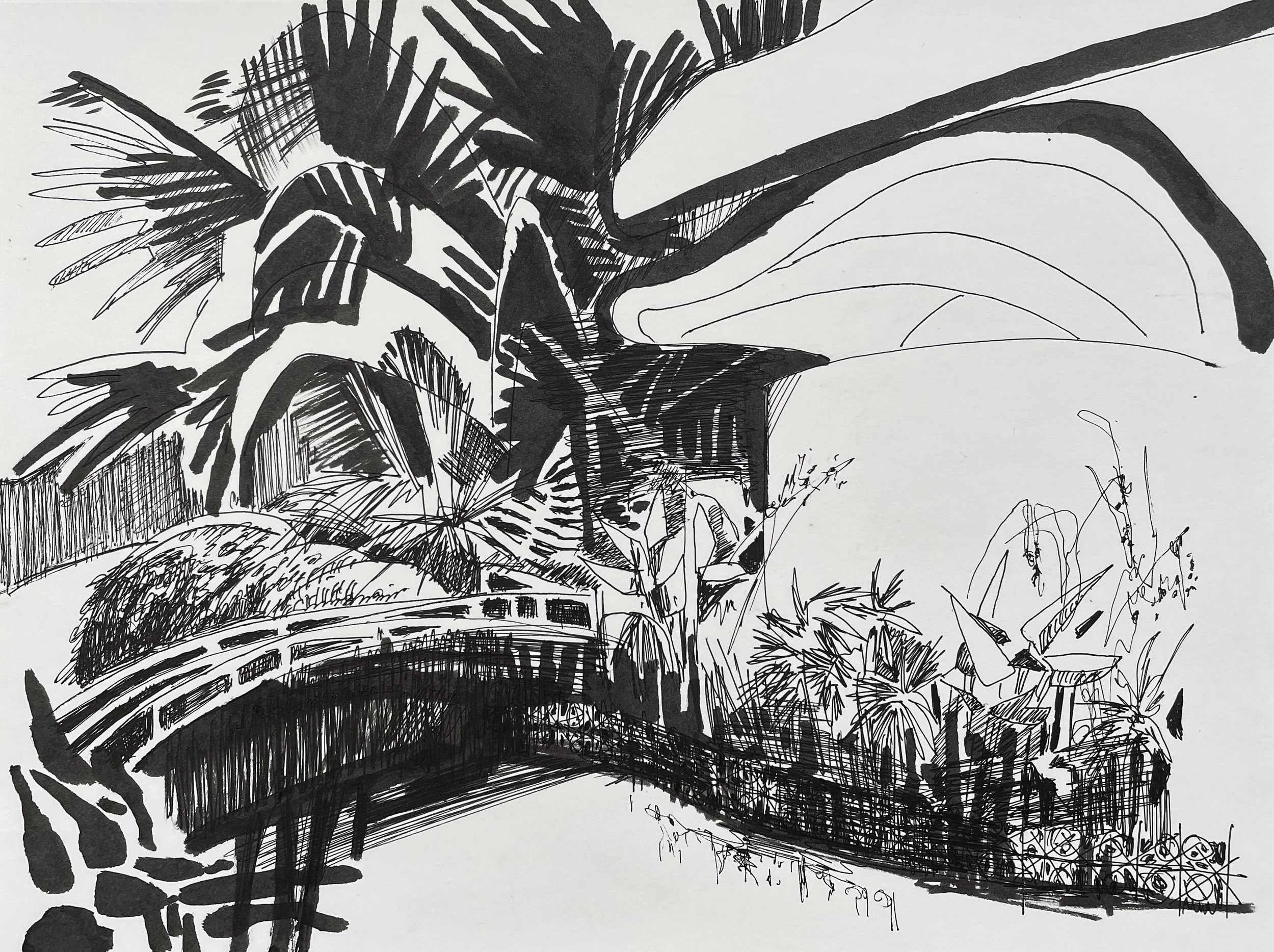 "Symphony Stage, Botanic Gardens", 2026, ink and gel pen on Strathemore acid free paper, 160 gsm, 22.9 x 30.5 cm, framed in white acid free paper mat, 11 x 14", plastic protective sleeve