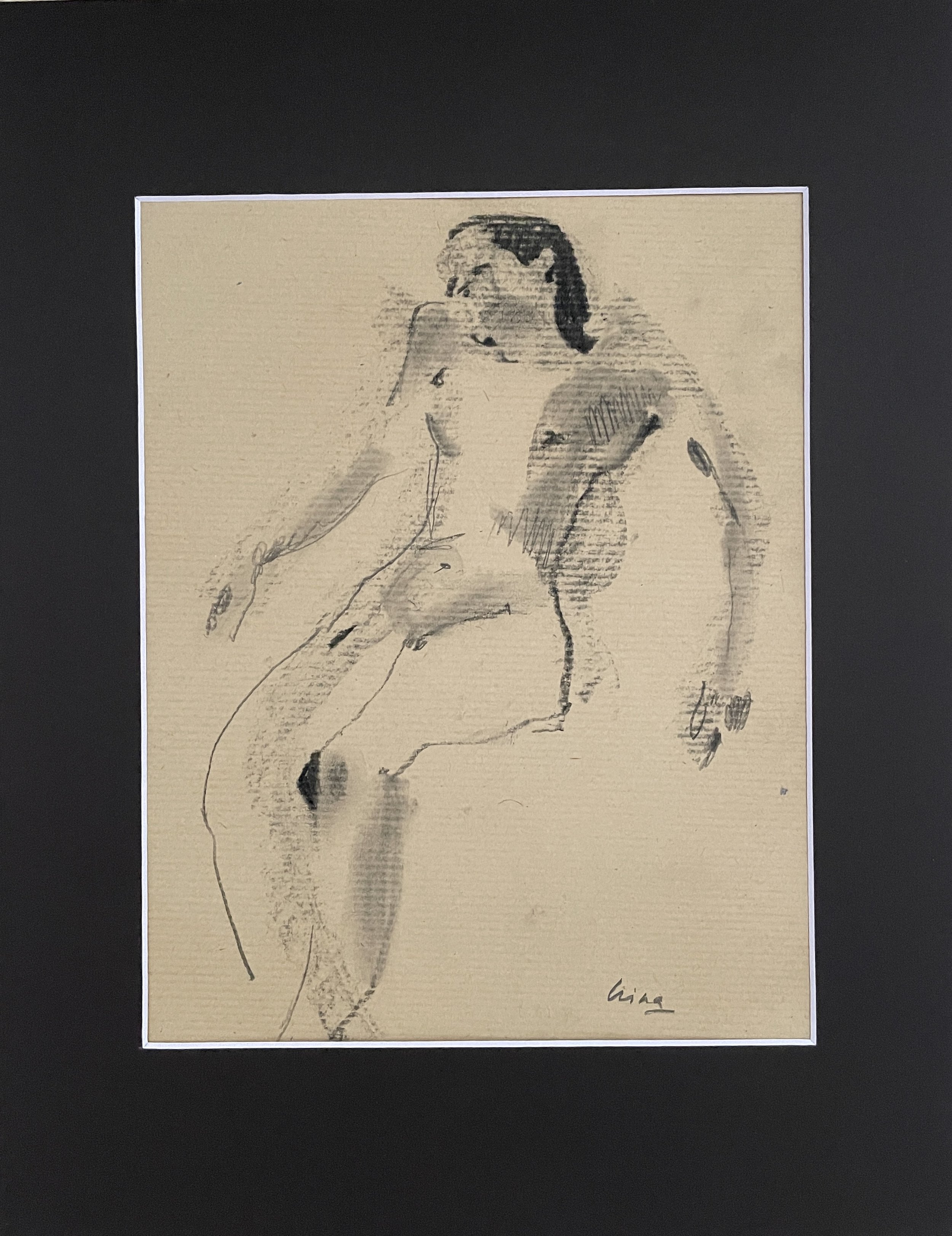 "Reclining figure", 2025, charcoal and pencil on craft paper, black acid free mat board 14x11", SGD50