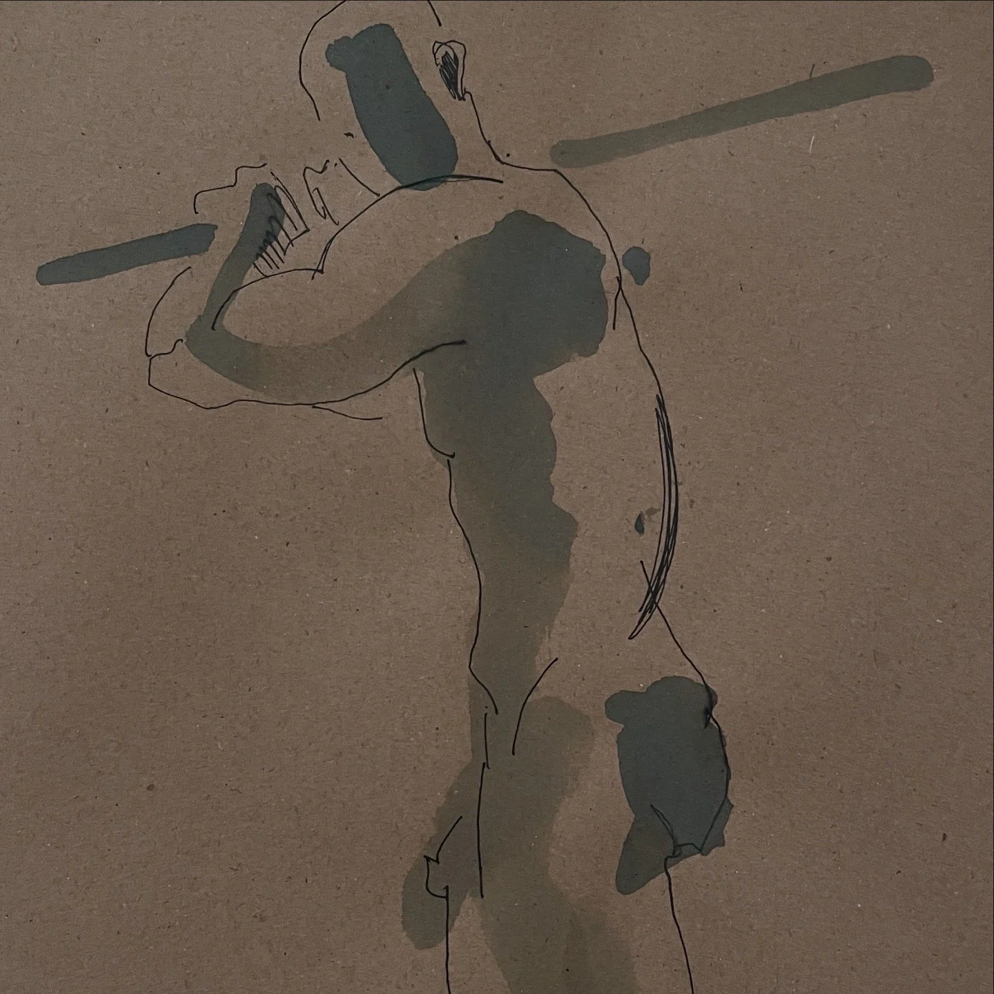 "Dynamic Male Pose I", 2026, ink and gel pen on Reeves craft paper, 110 gsm, acid free, 29.7x21.0 cm, framed in white acid free paper mat 14 x11", protective plastic sleeve