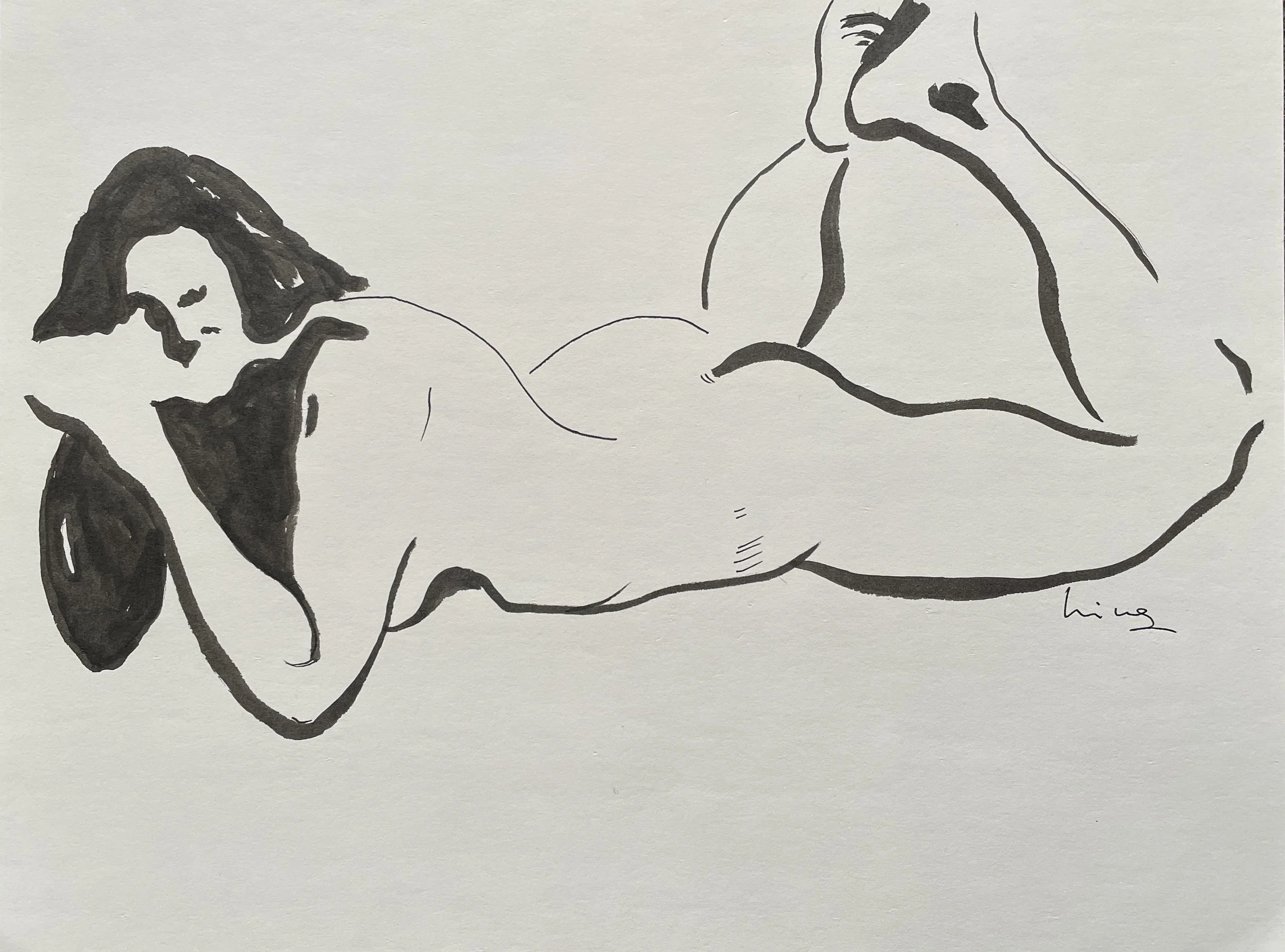 Nude, 2026. Ink brush pen on Strathmore paper, 160 gsm, 22.9 x 30.5 cm, framed in white acid free paper mat with protective plastic sleeve, SGD 60