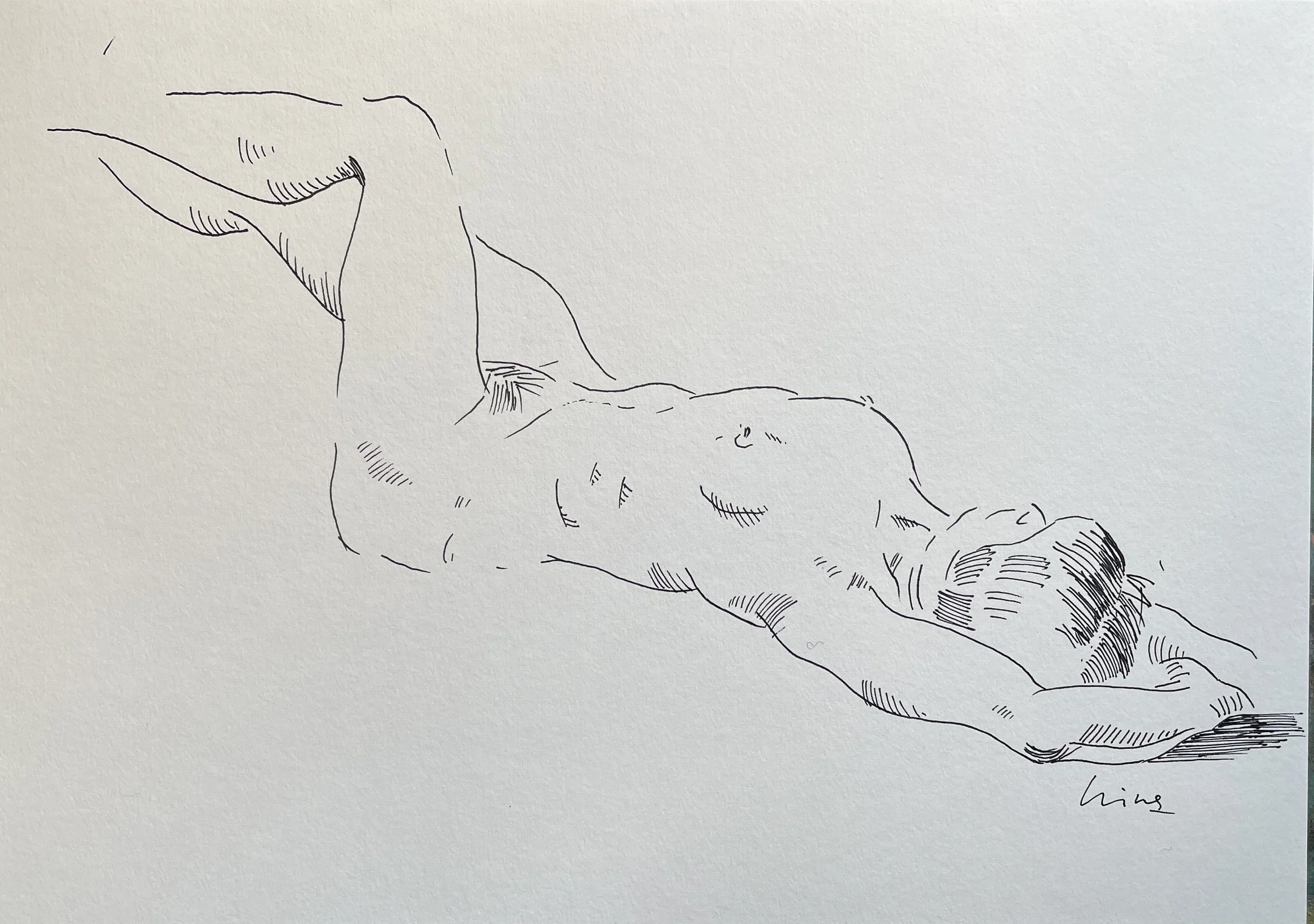 Nude, 2026. Ink gel pen on paper, 160 gsm,  20.9 x 29.6 cm, framed in black acid free paper mat with protective plastic sleeve, SGD 60