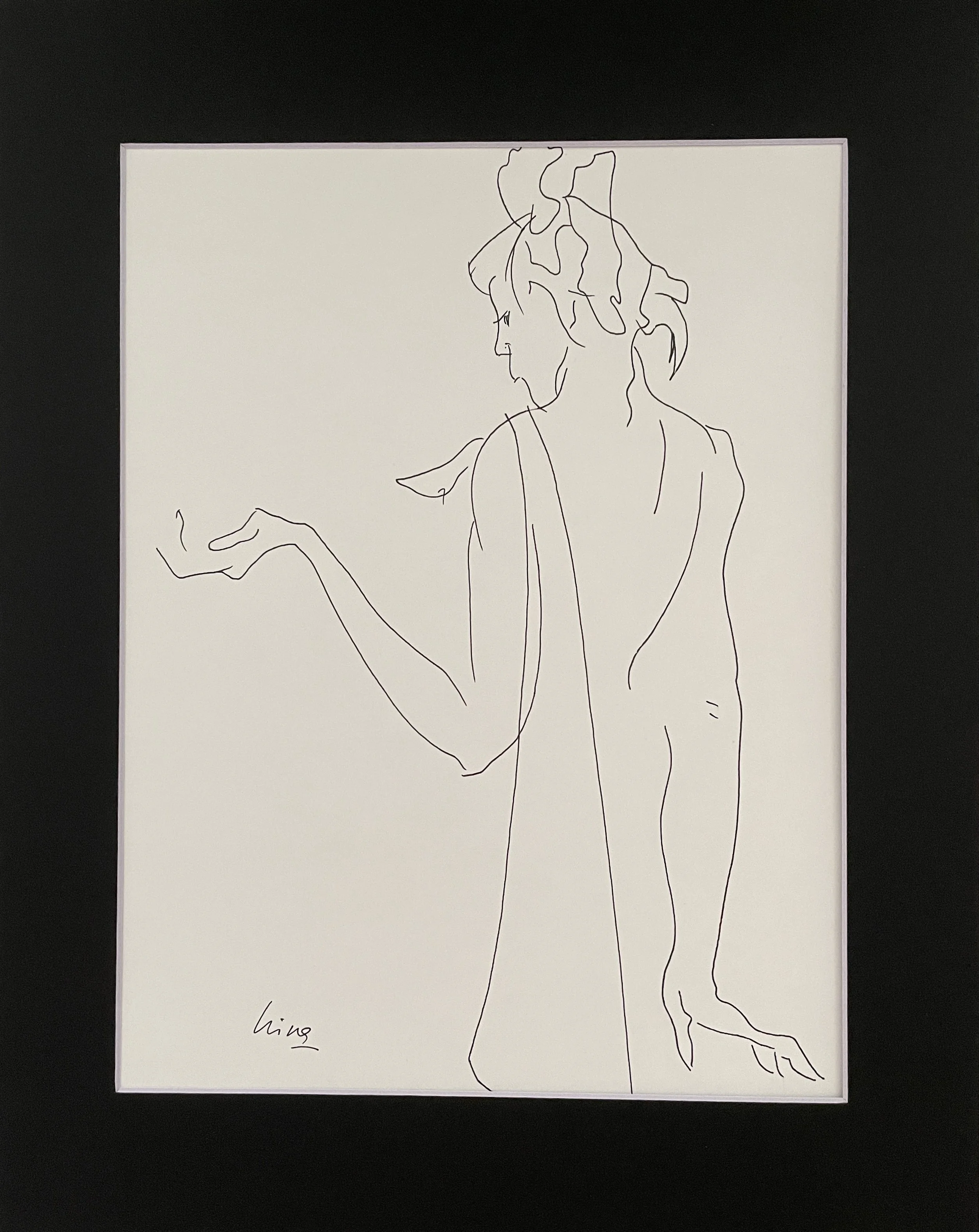 "Art Nouveau Beauty", 2025, gel pen on acid free 160 gms paper, image size 10.5x8", framed in black acid free mat 14x11", protective plastic sleeve, SGD 50