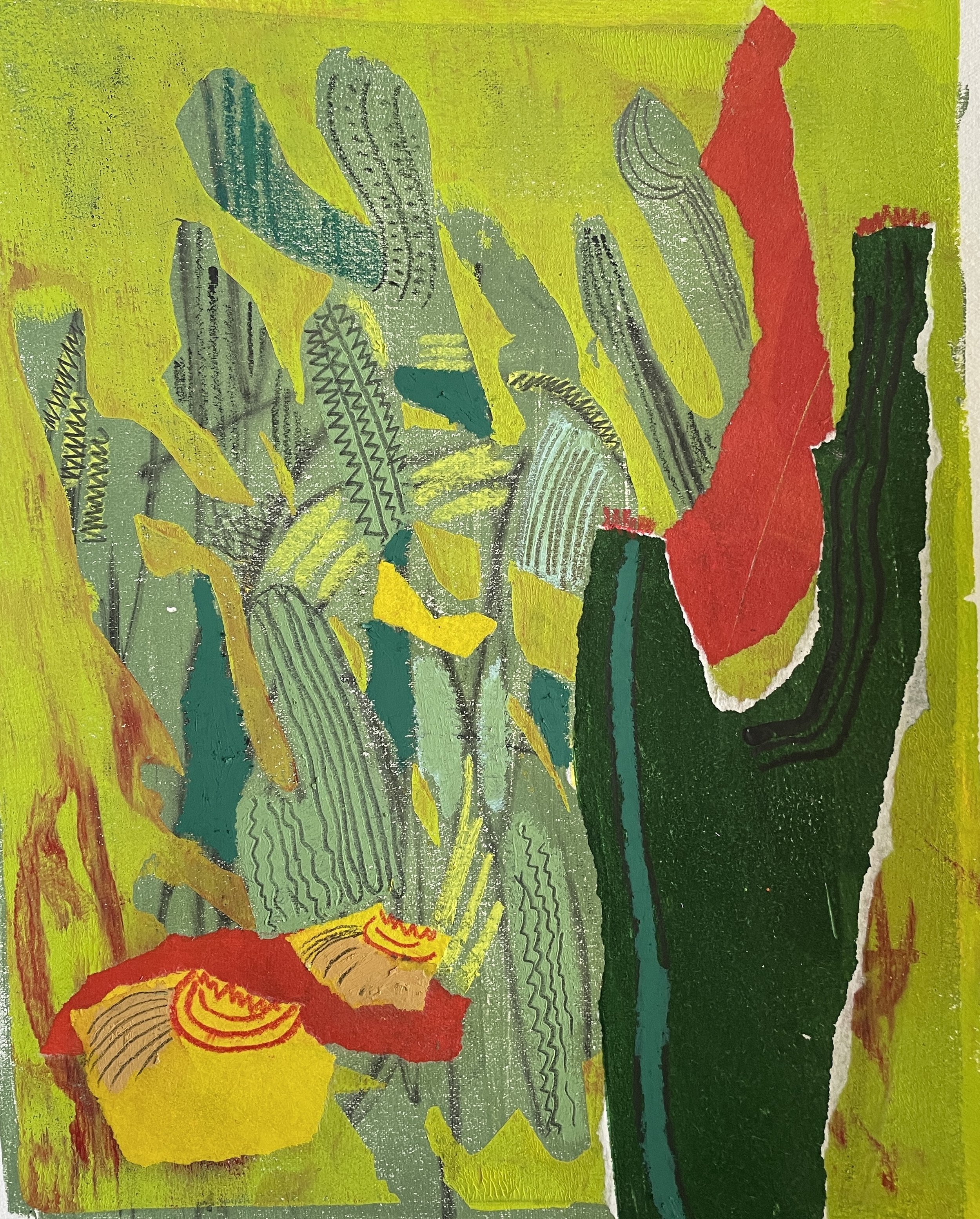 "Cacti, Spain", 2025, monotype and mixed media collage, 10x8" printed image or 14x11", when framed in acid free paper mat and plastic sleeve, SGD250