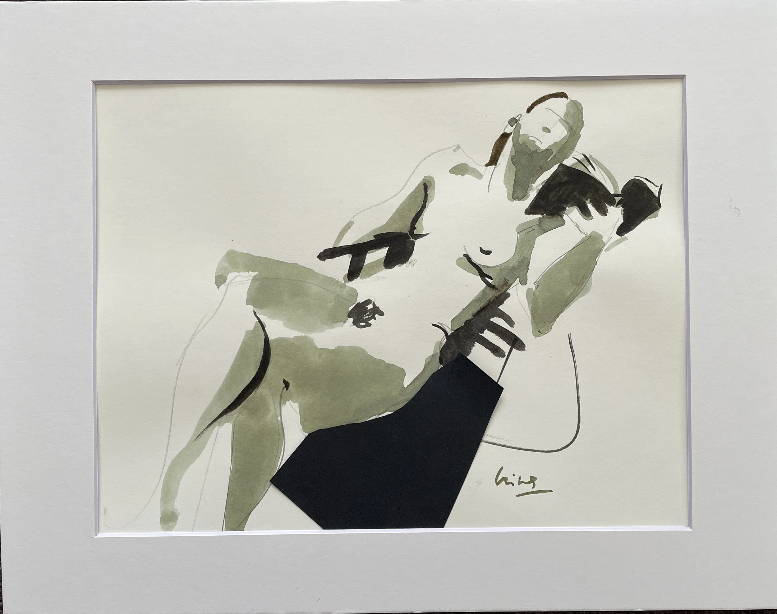 "Avid Reader", 2026, ink, pencil and collage on Strathmore acid free 160 gsm paper, framed in a white paper mat 11x14", protective plastic sleeve