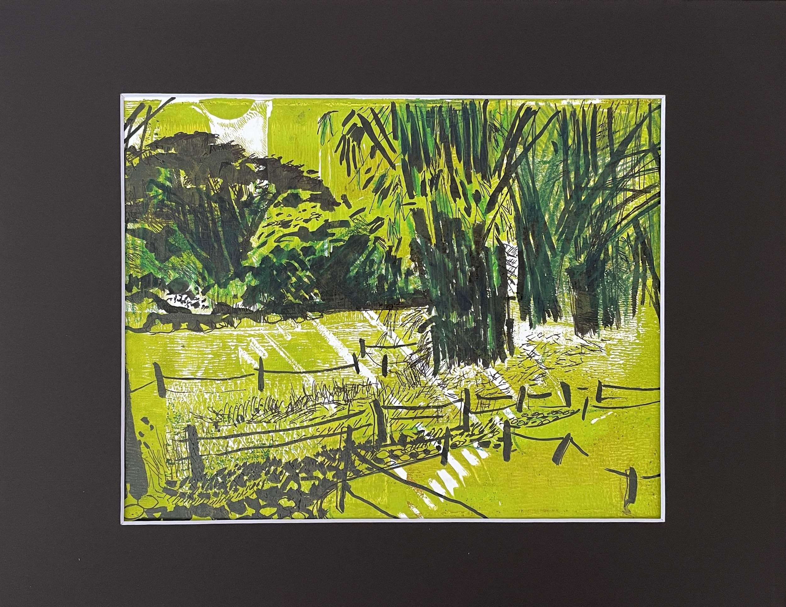 "Botanic Gardens", 2025, mixed media, 10x8" image, 14x11" WHITE or BLACK acid free paper mat, plastic sleeve provided, SGD 180