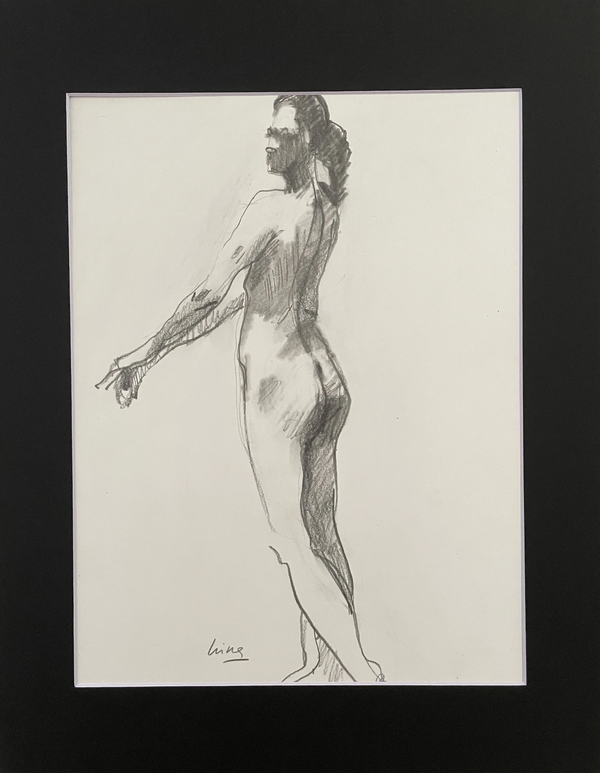 "Female Nude", 2025, pencil on Sthrathmore acid free paper 160 gms, image size 10.5"x8", framed in black acid free paper mat 14"x11", protective plastic sleeve, SGD 50