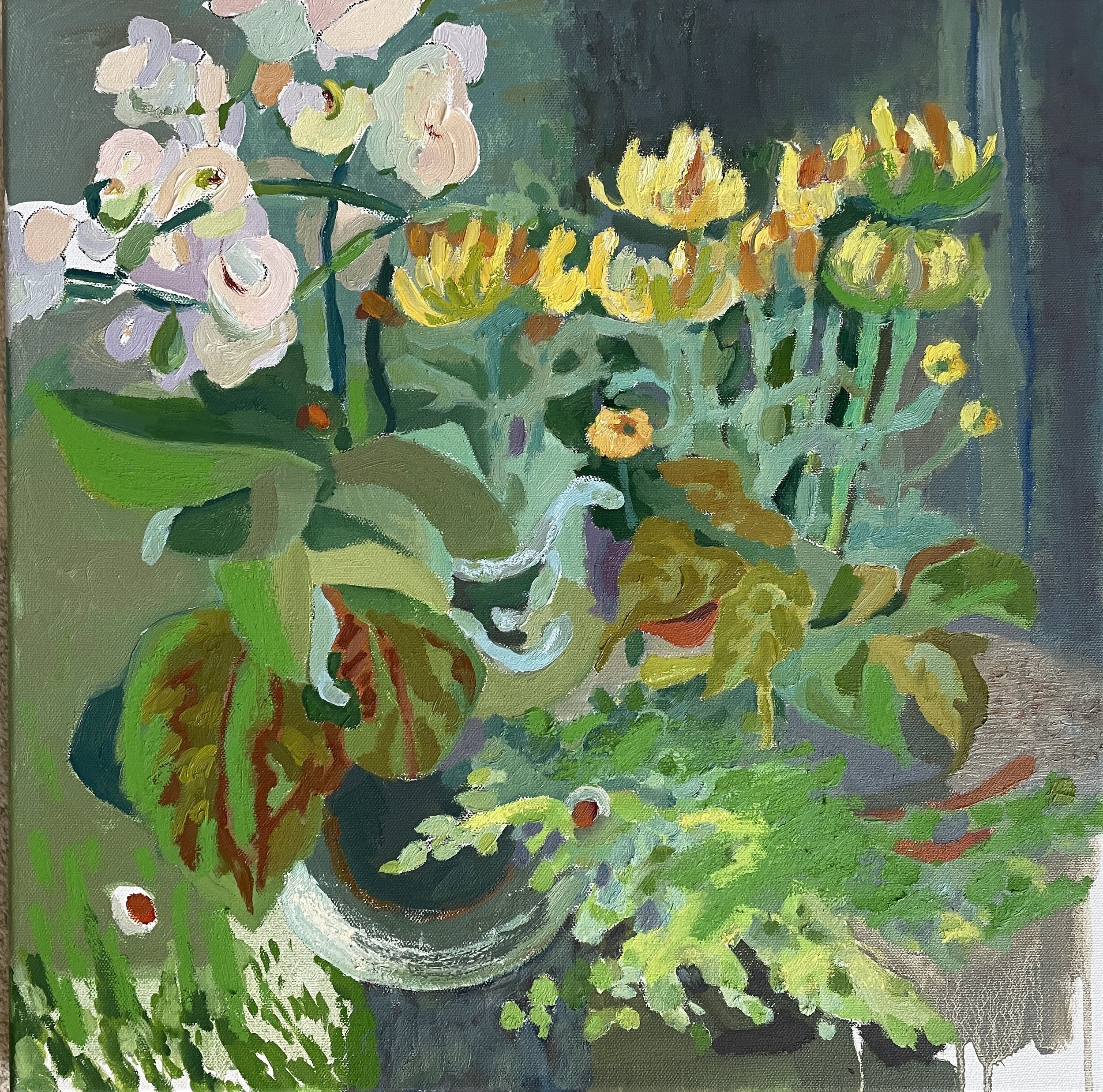 "Flower Stall", 2026, oil and oil sticks on canvas,  45x45 cm, unframed, SGD 2,600