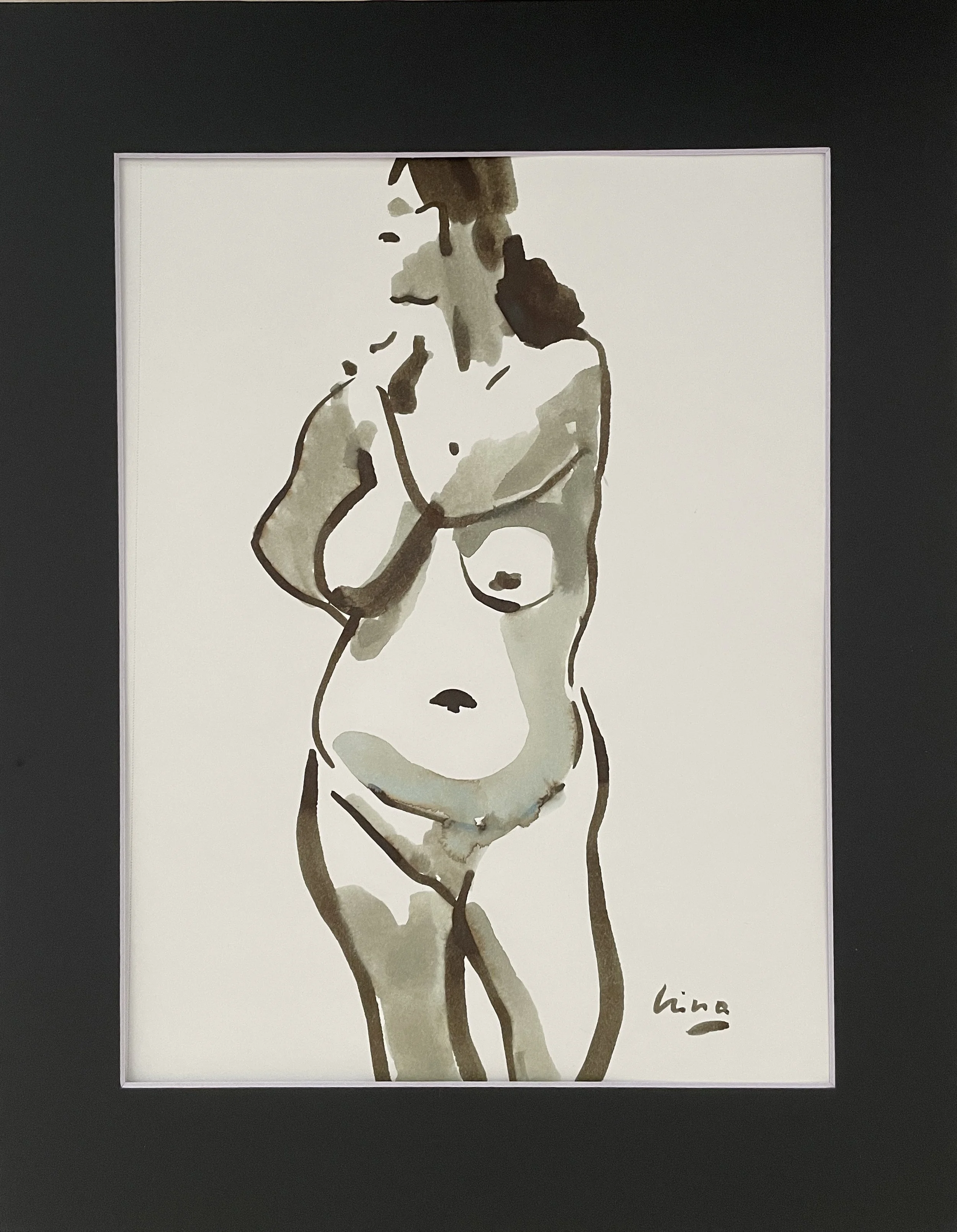"Standing Nude", 2025, ink on Sthrathmore acid free paper 160gsm, image size 10.5"x8", framed in black acid free paper mat 14"x11", protective plastic sleeve, SGD 50