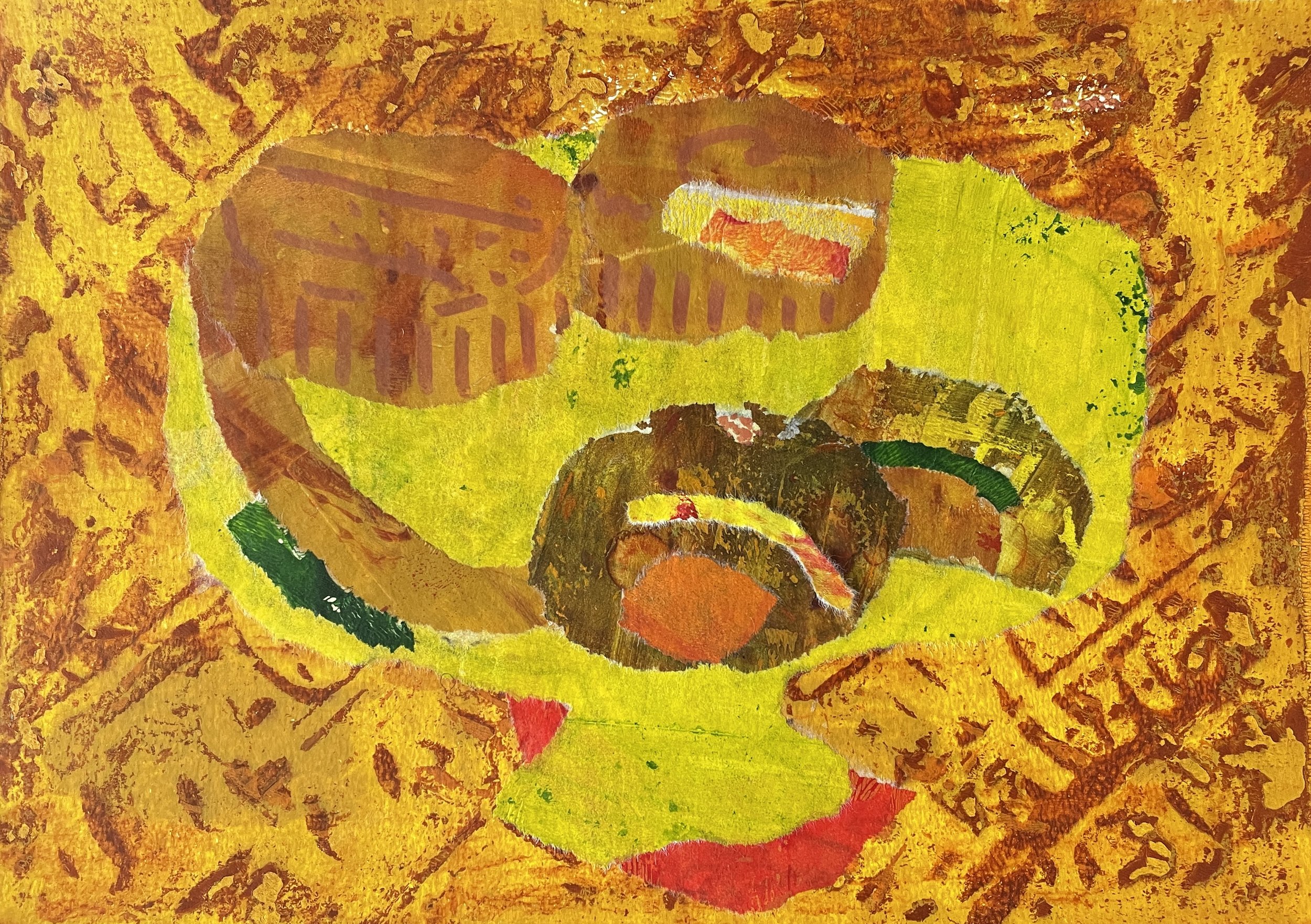 Mooncakes, 2026, monotype and collage on mixed media paper 250 gsm, 21x29.7 cm, framed in white acid free paper mat 11x14", plastic protective sleeve, SGD 250