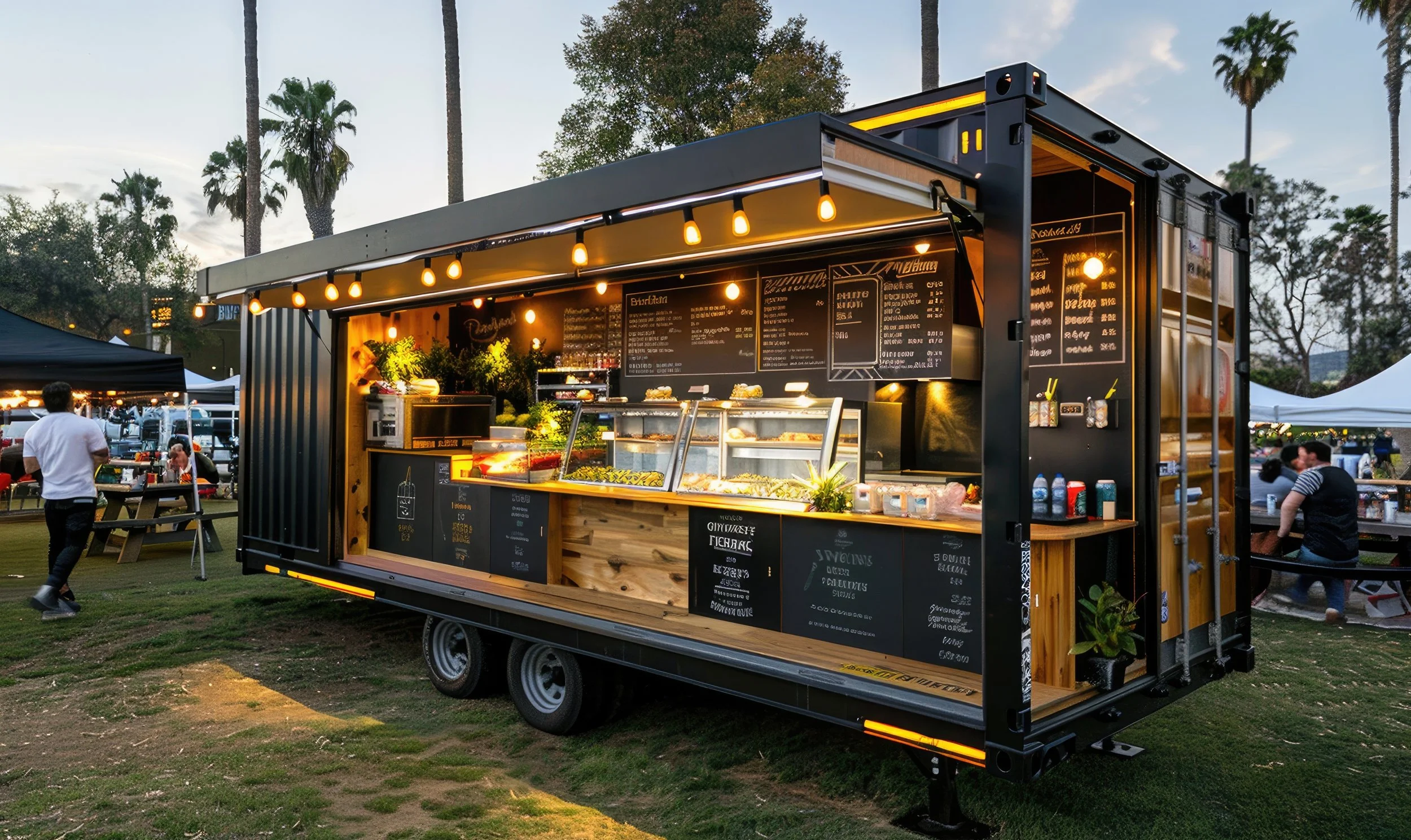 A food truck at an outdoor event with menu boards, food display cases, and string lights, set against a backdrop of trees and other tents.