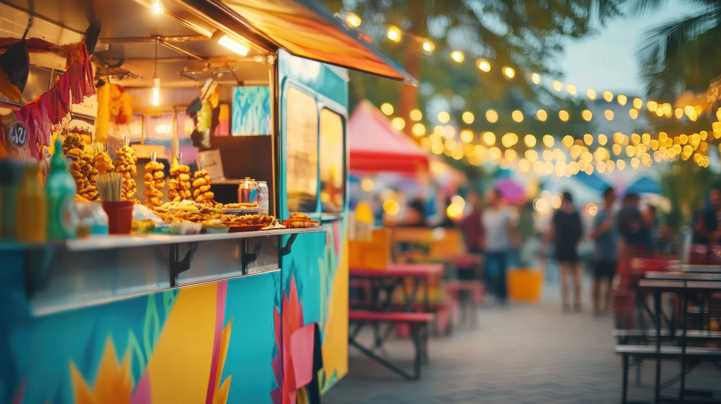 Food stall at an outdoor market with fried food, string lights, and people in the background during dusk.