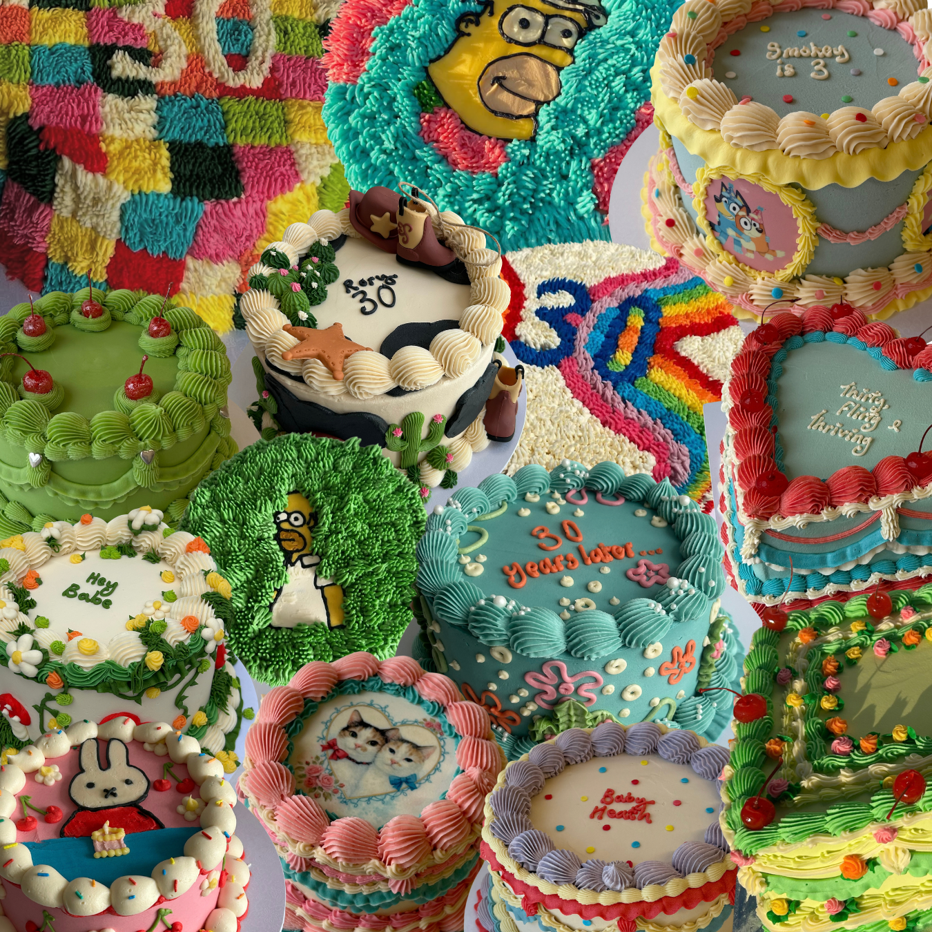 A colorful array of birthday cakes decorated with various themes including animals, cartoons, and text, celebrating a 30th birthday and a third birthday.