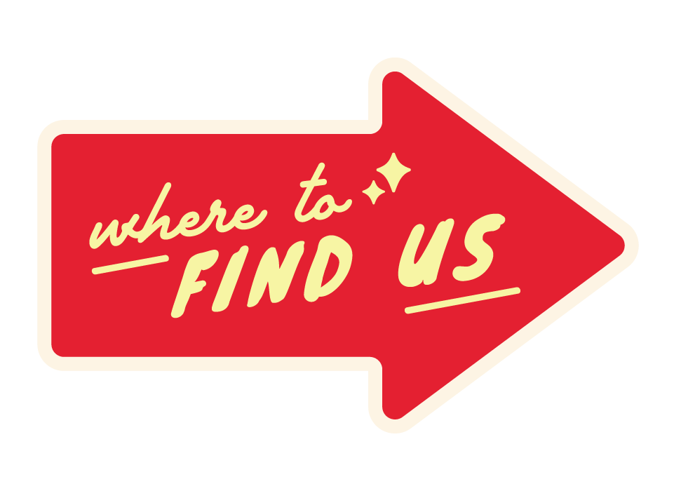 A red arrow sign with a cream-colored border and text that says "where to FIND US" with star-like accents.
