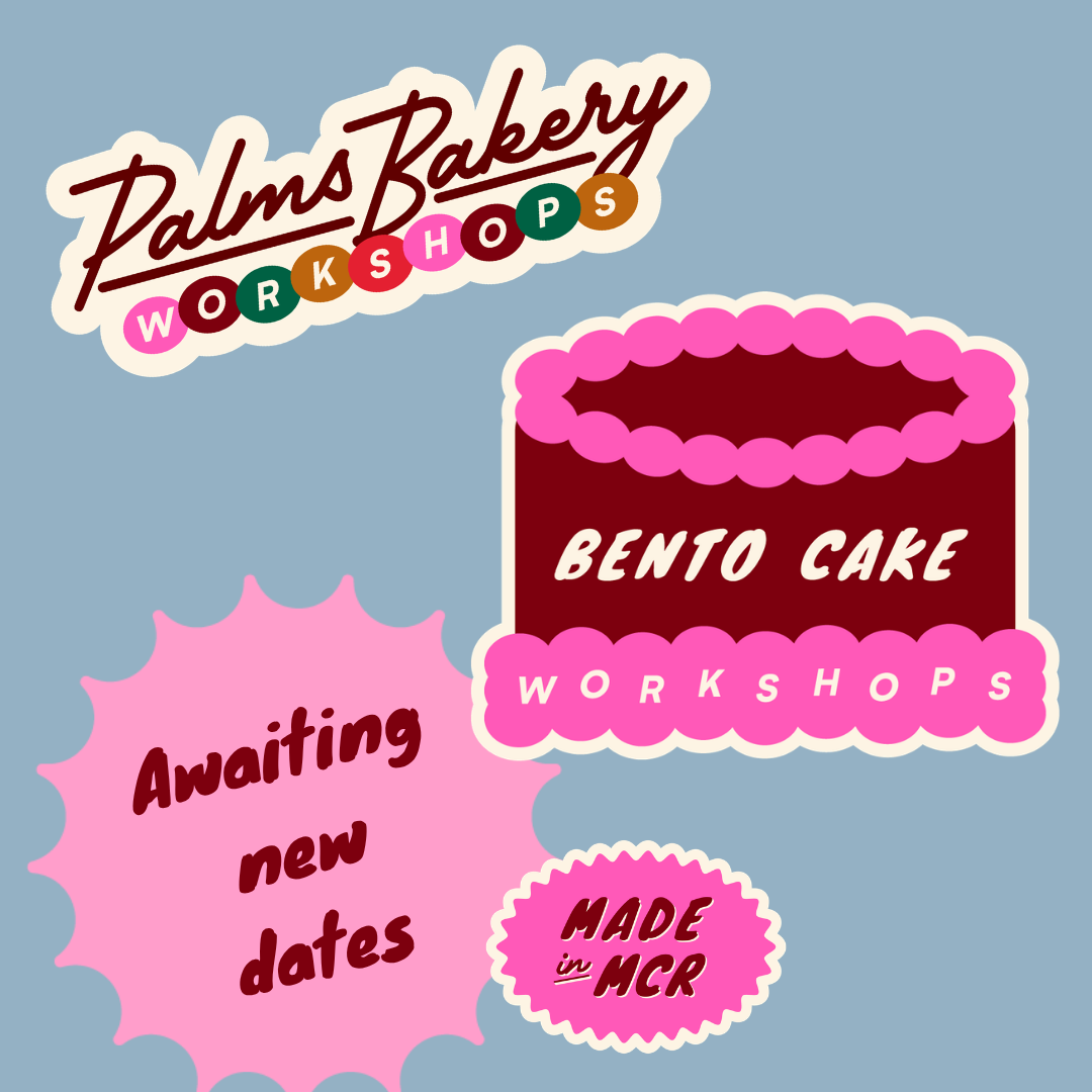 Colorful flyer for Palm's Bakery workshops featuring a pink birthday cake with text about upcoming dates and made in Manchester.