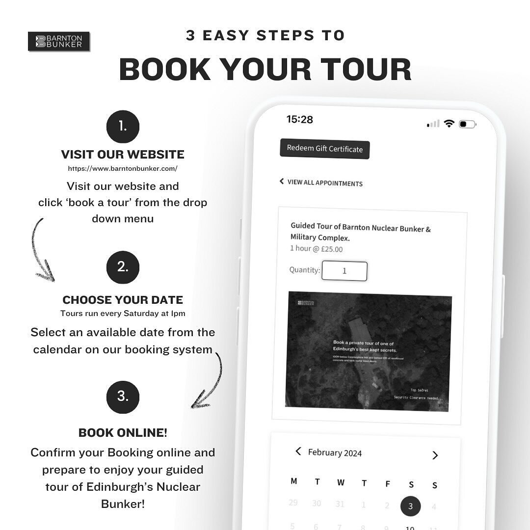 🌐 3 Easy Steps to Book Your Barnton Bunker Tour!
&nbsp;
1️⃣ Visit Our Website: Head over to our website and navigate to the dropdown menu. Click on &lsquo;Book a Tour&rsquo; to kickstart your adventure.
&nbsp;
2️⃣ Choose Your Date: Tours run every S