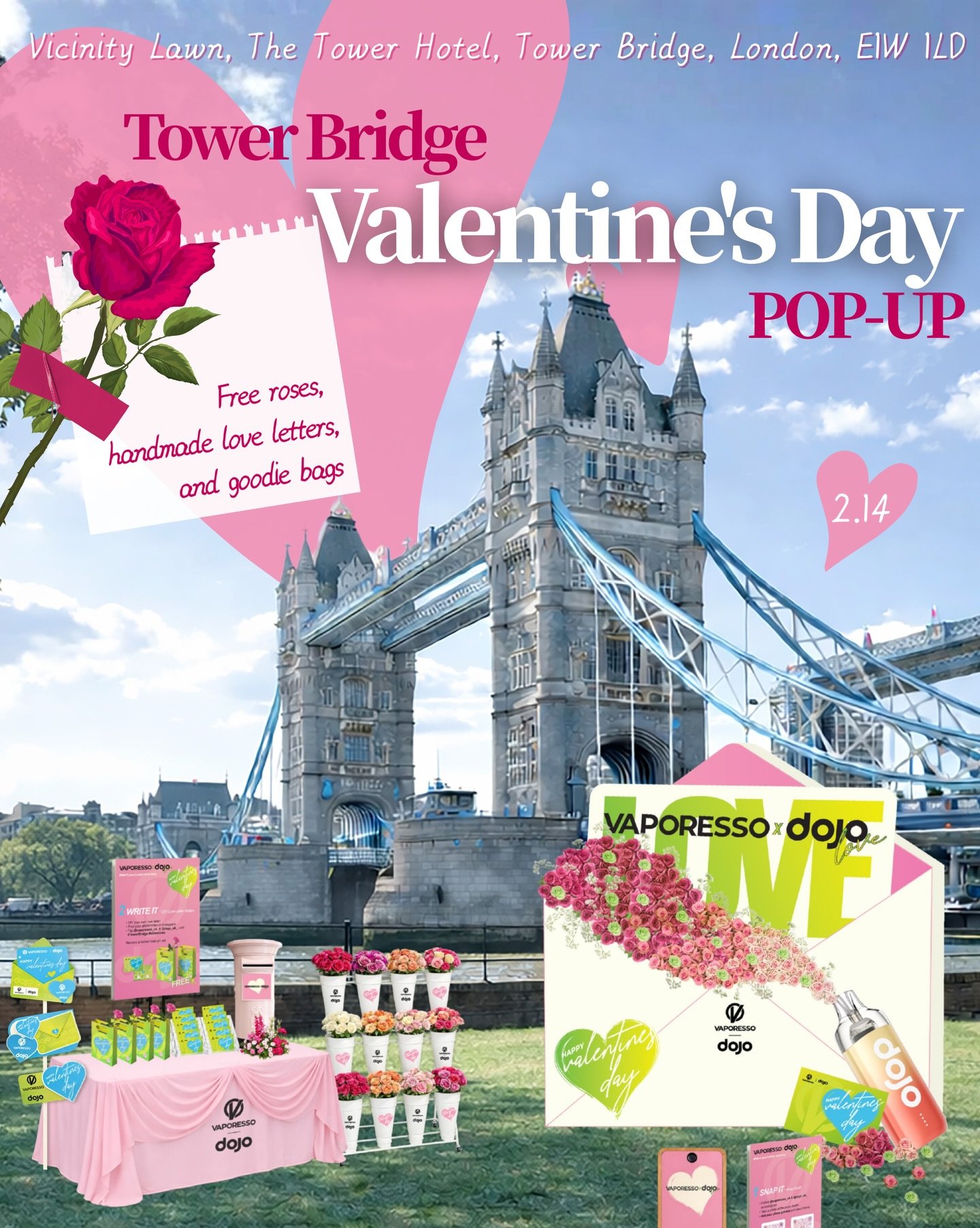 🌹 Valentine&rsquo;s Day Pop-up event under Tower Bridge

Join us on 14 Feb at the lawn in front of The Tower Hotel &mdash; right beneath the iconic skyline.

Free roses.
Handwritten love letters.
Tower Bridge photo moments.
Curated goodie bags.

📍 