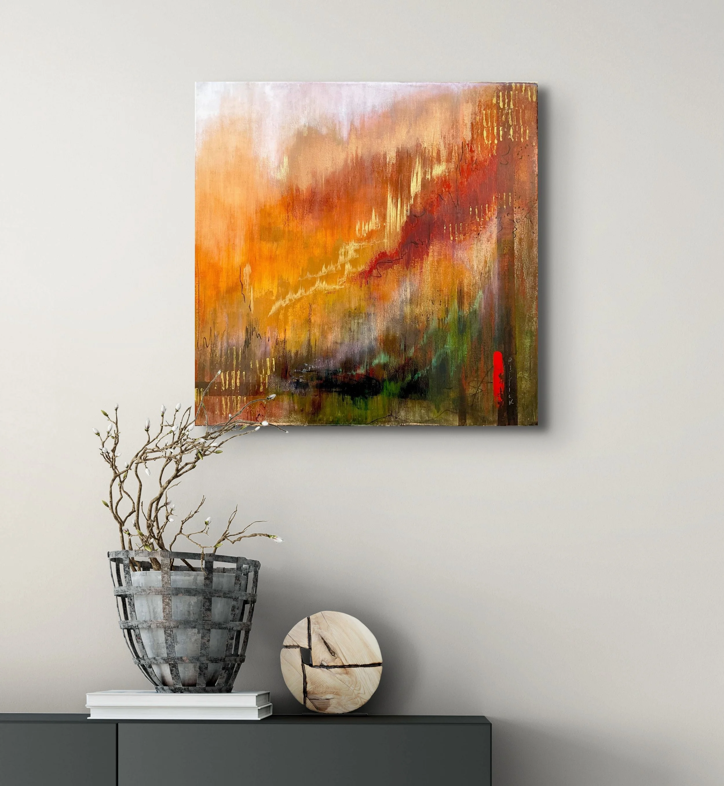 Hot Lands 3 - 40 x 40 cm Mixed media on canvas with golden box edge
