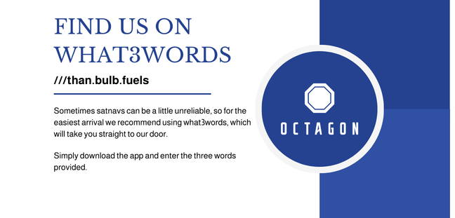 Information card with the heading 'Find us on What3words' and instructions to download the app and enter three words; features a slide with the Octagon logo.