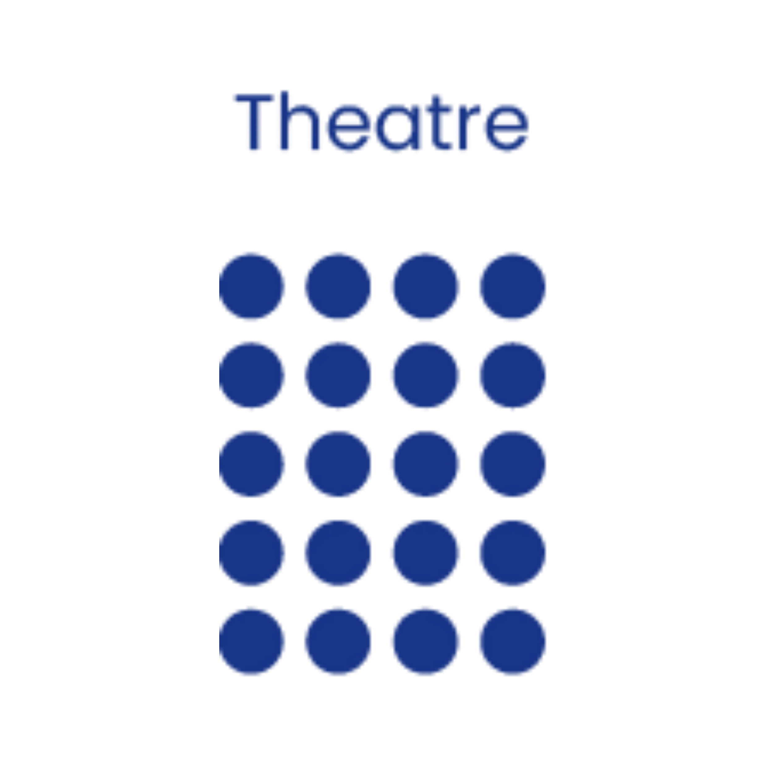 Bright blue text says 'Theatre' above a grid of circles on a black background.