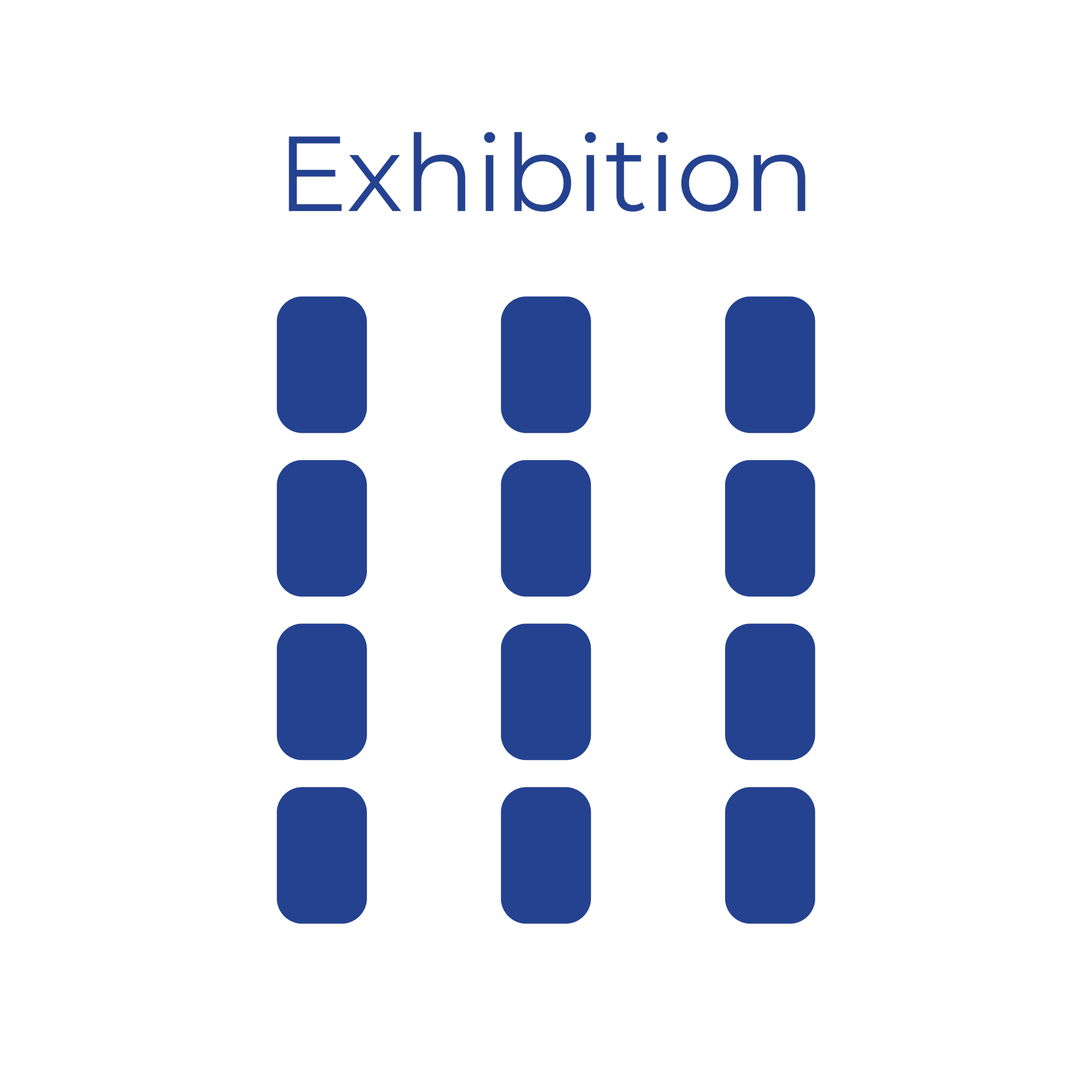 Blue text reading 'Exhibition' above a grid of three columns of blue oval shapes, on a black background.