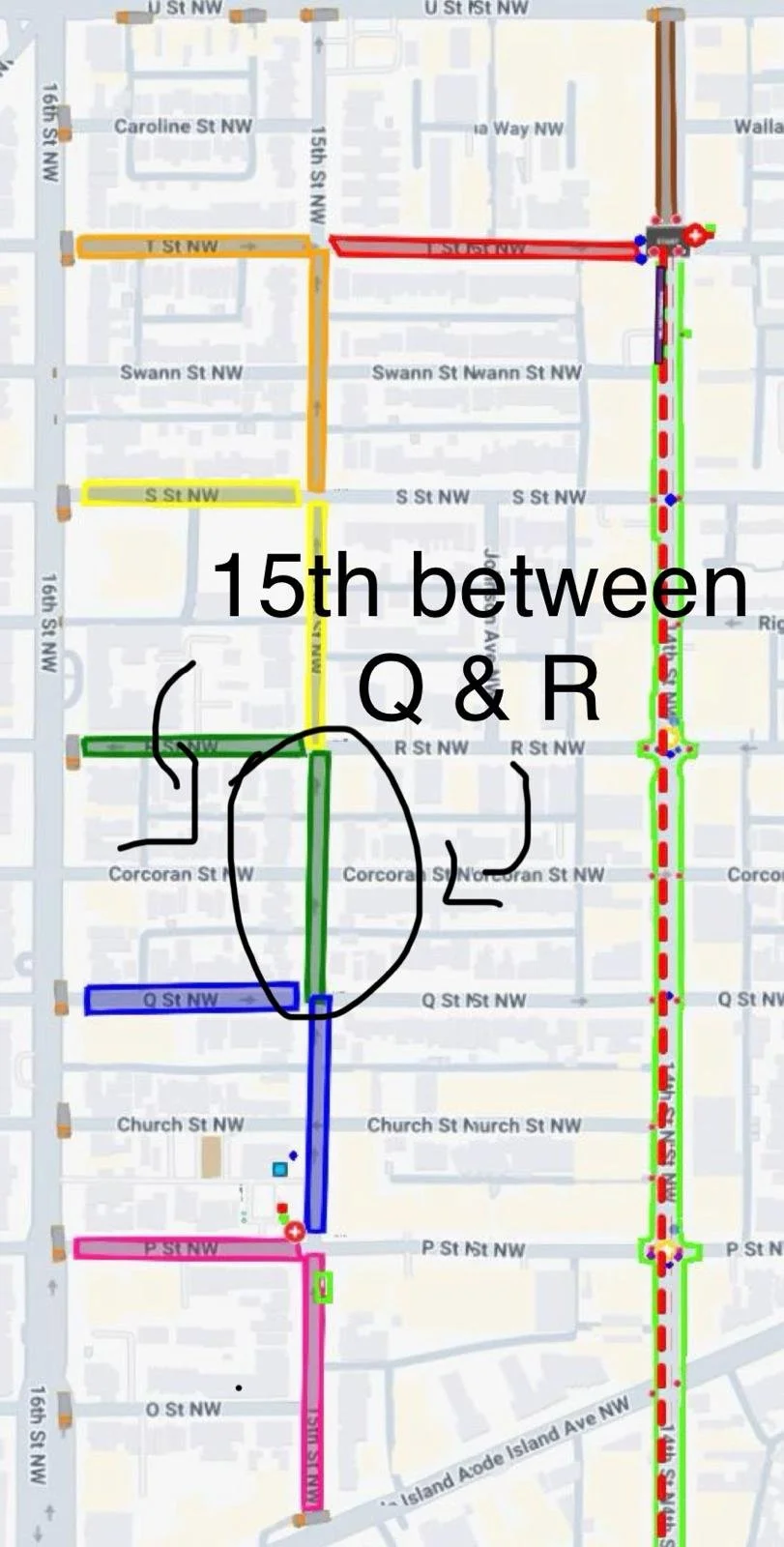 Map showing a route with different colored lines and annotations indicating a 15th Street between Q and R Streets, with hand-drawn arrows and notes highlighting key points.